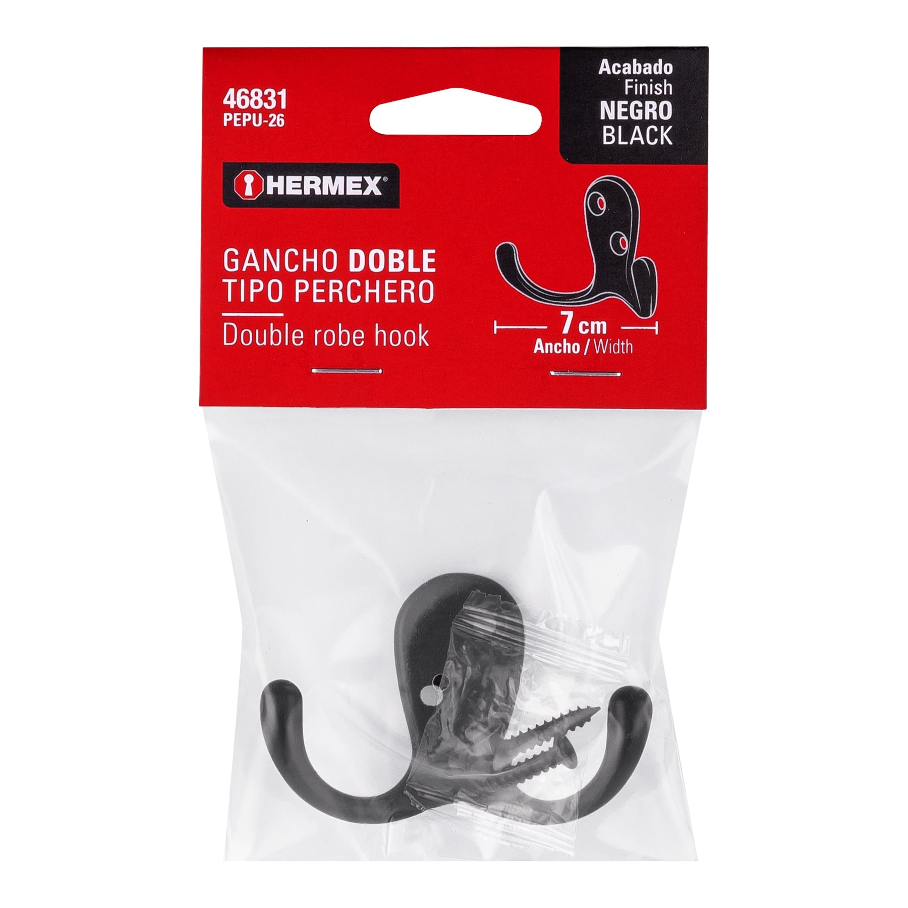 Gancho doble tipo perchero, 7 cm, negro, HERMEX