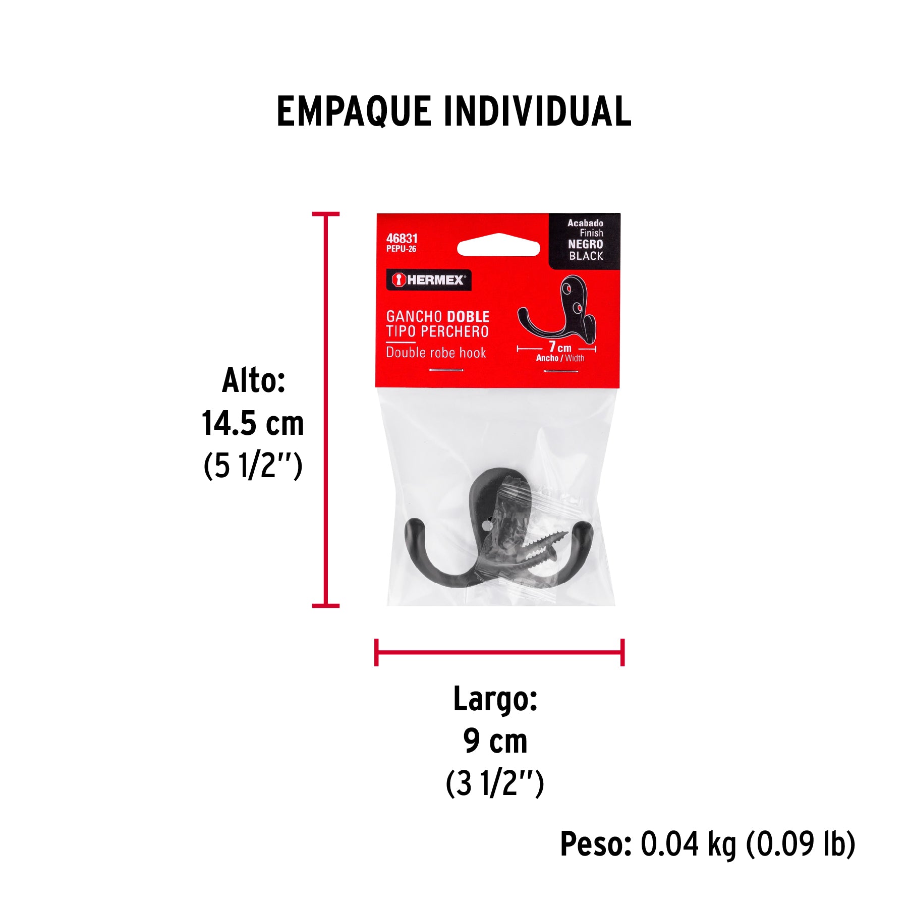 Gancho doble tipo perchero, 7 cm, negro, HERMEX - Empaque