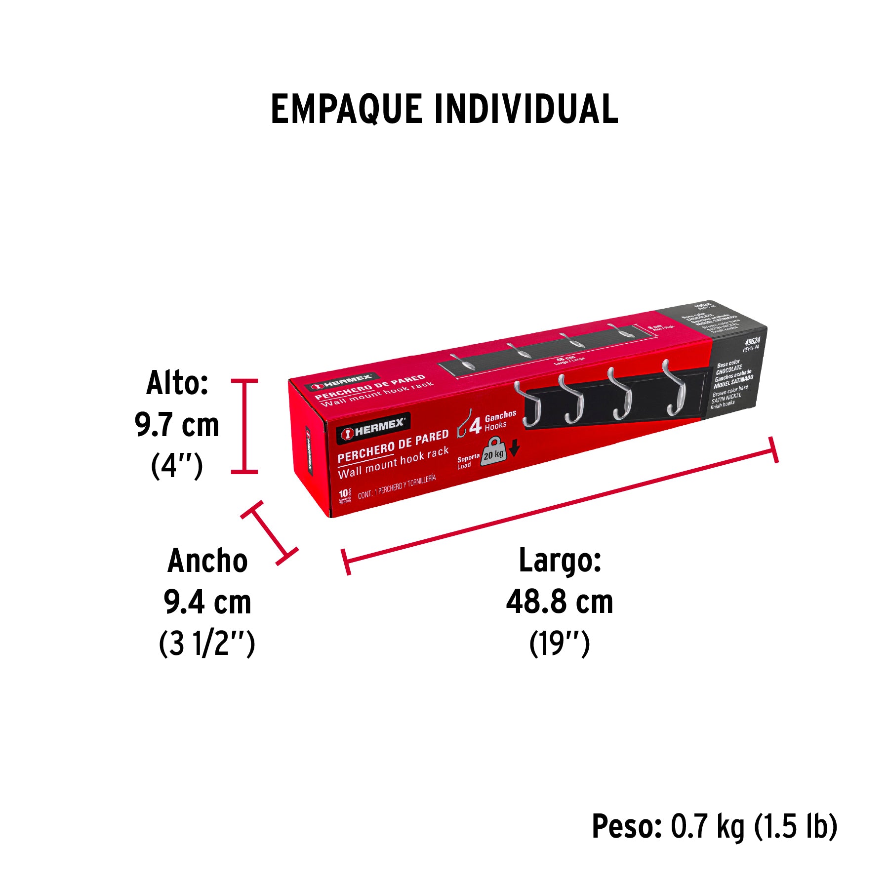 Perchero para pared con 4 ganchos, 10 cm, satinados, HERMEX - Empaque