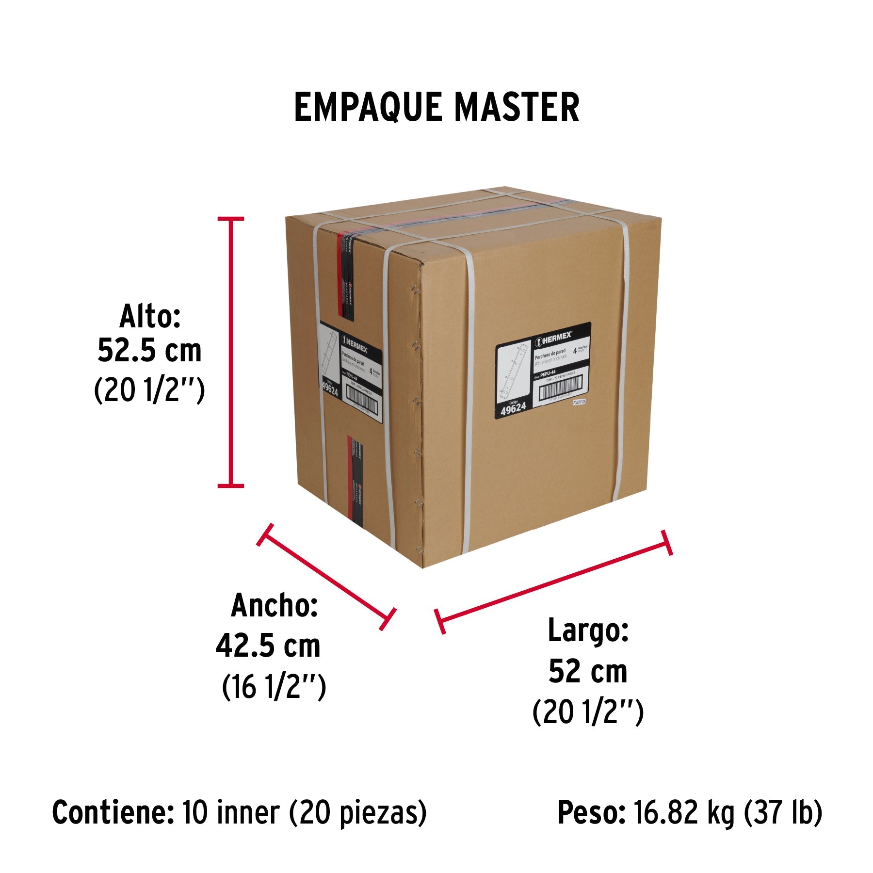 Perchero para pared con 4 ganchos, 10 cm, satinados, HERMEX - Empaque