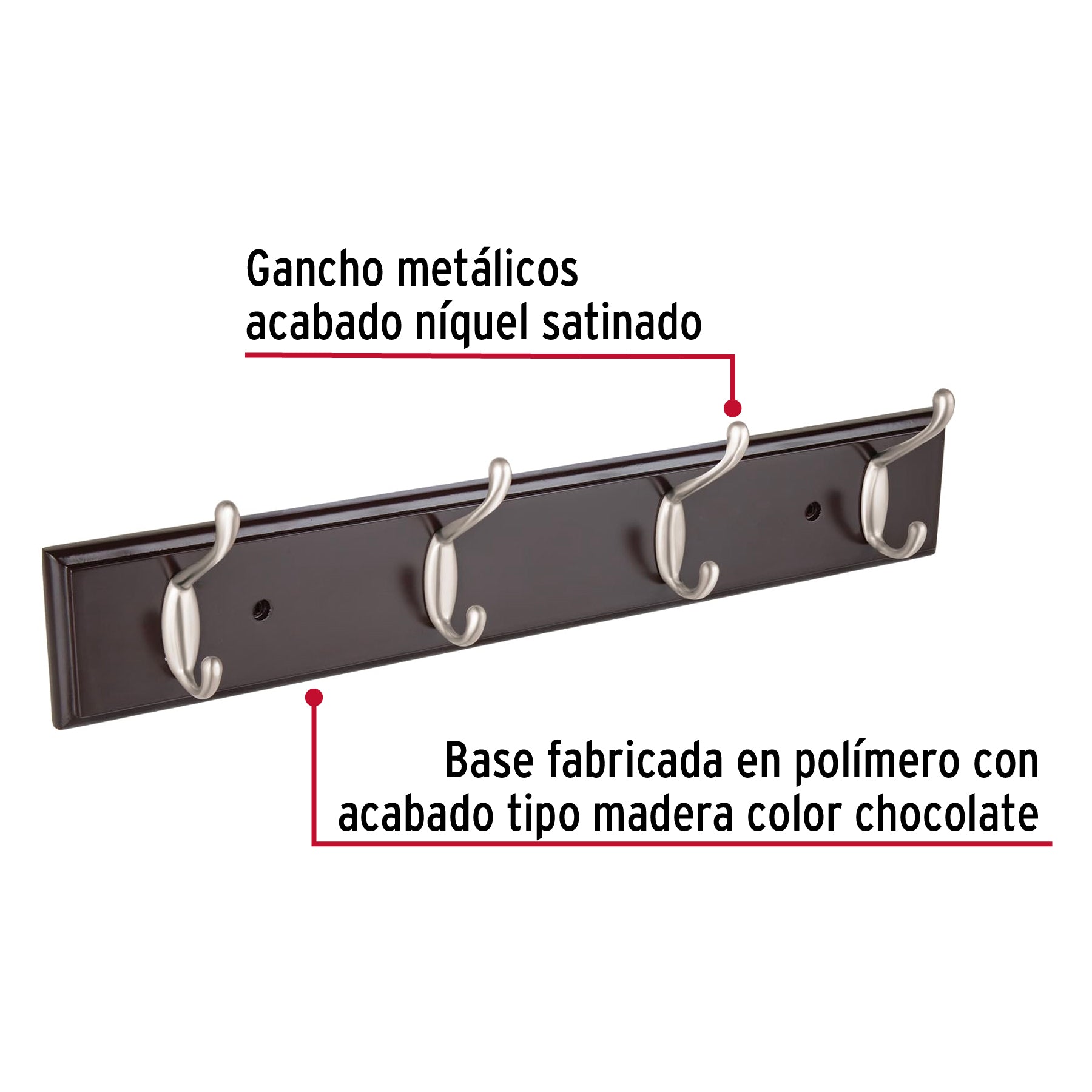 Perchero para pared con 4 ganchos, 10 cm, satinados, HERMEX