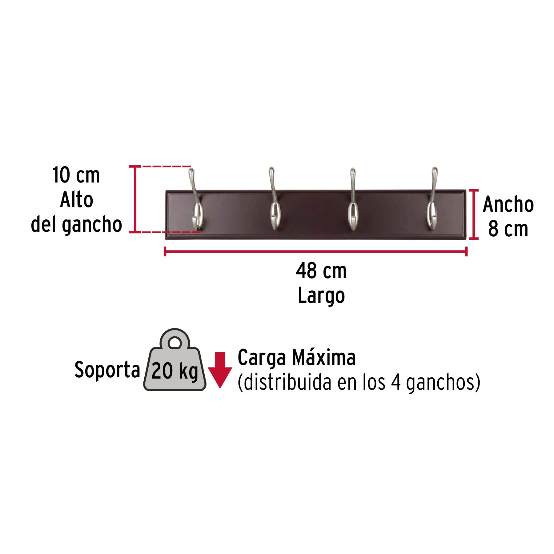 Perchero para pared con 4 ganchos, 10 cm, satinados, HERMEX