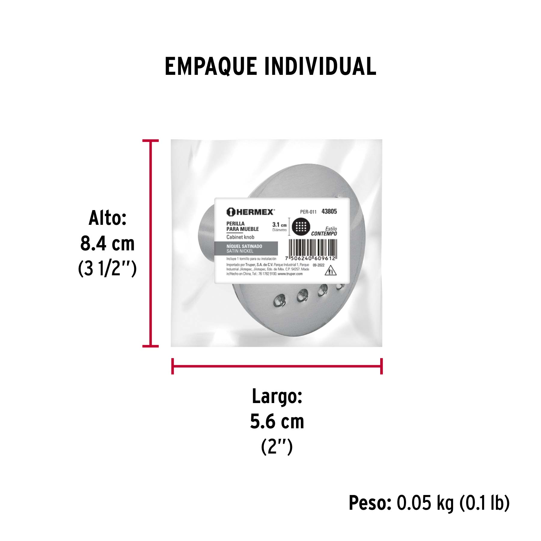Perilla metálica estilo "Contempo", níquel satinado, HERMEX - Empaque