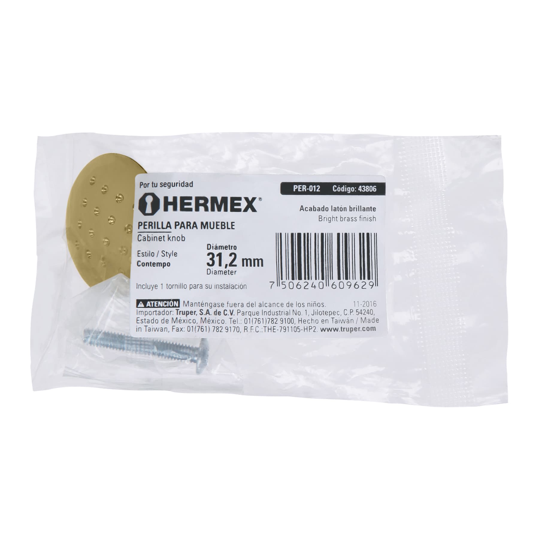 Perilla metálica estilo "Contempo", latón brillante, HERMEX