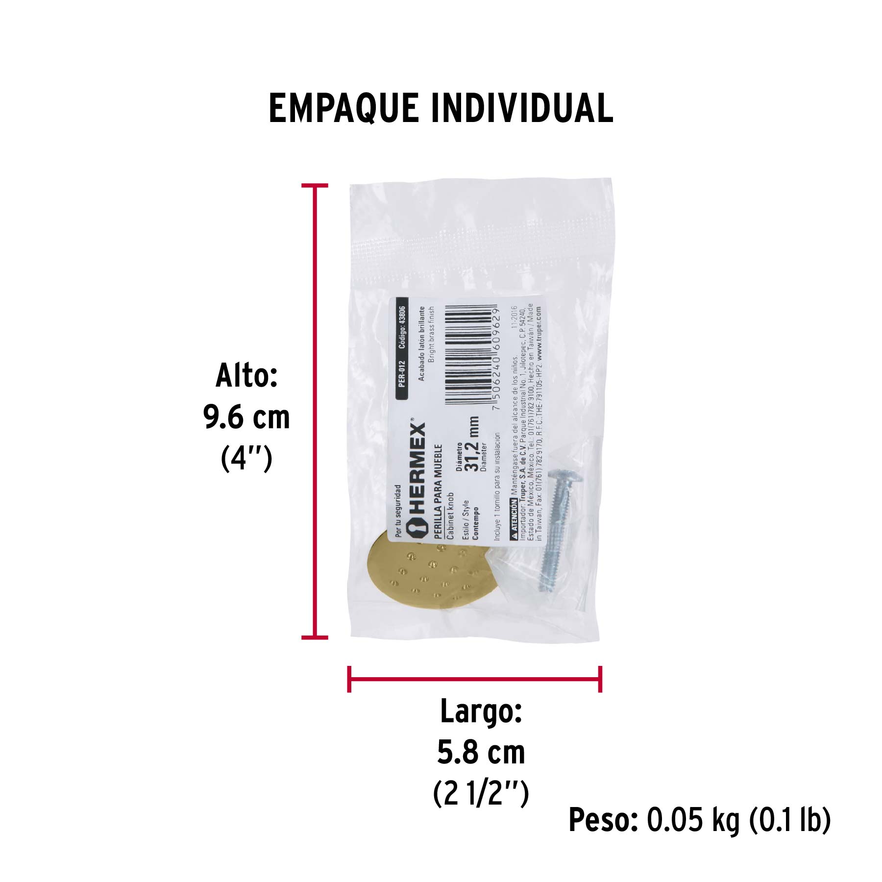 Perilla metálica estilo "Contempo", latón brillante, HERMEX - Empaque