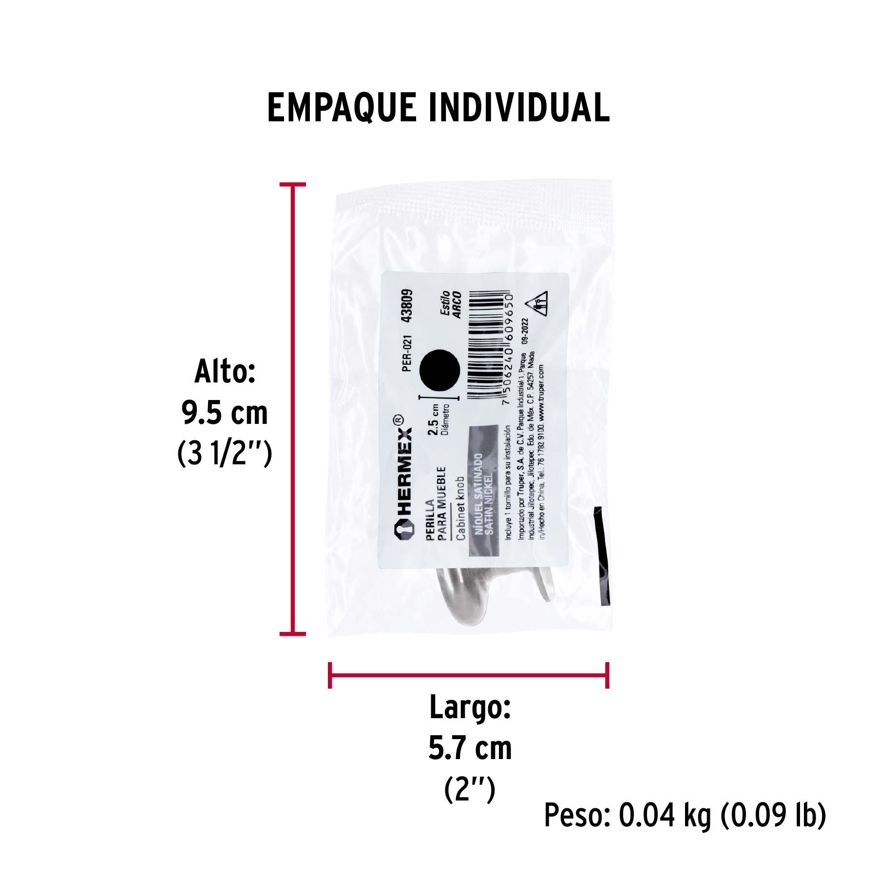 Perilla metálica estilo "Arco", níquel satinado, HERMEX - Empaque