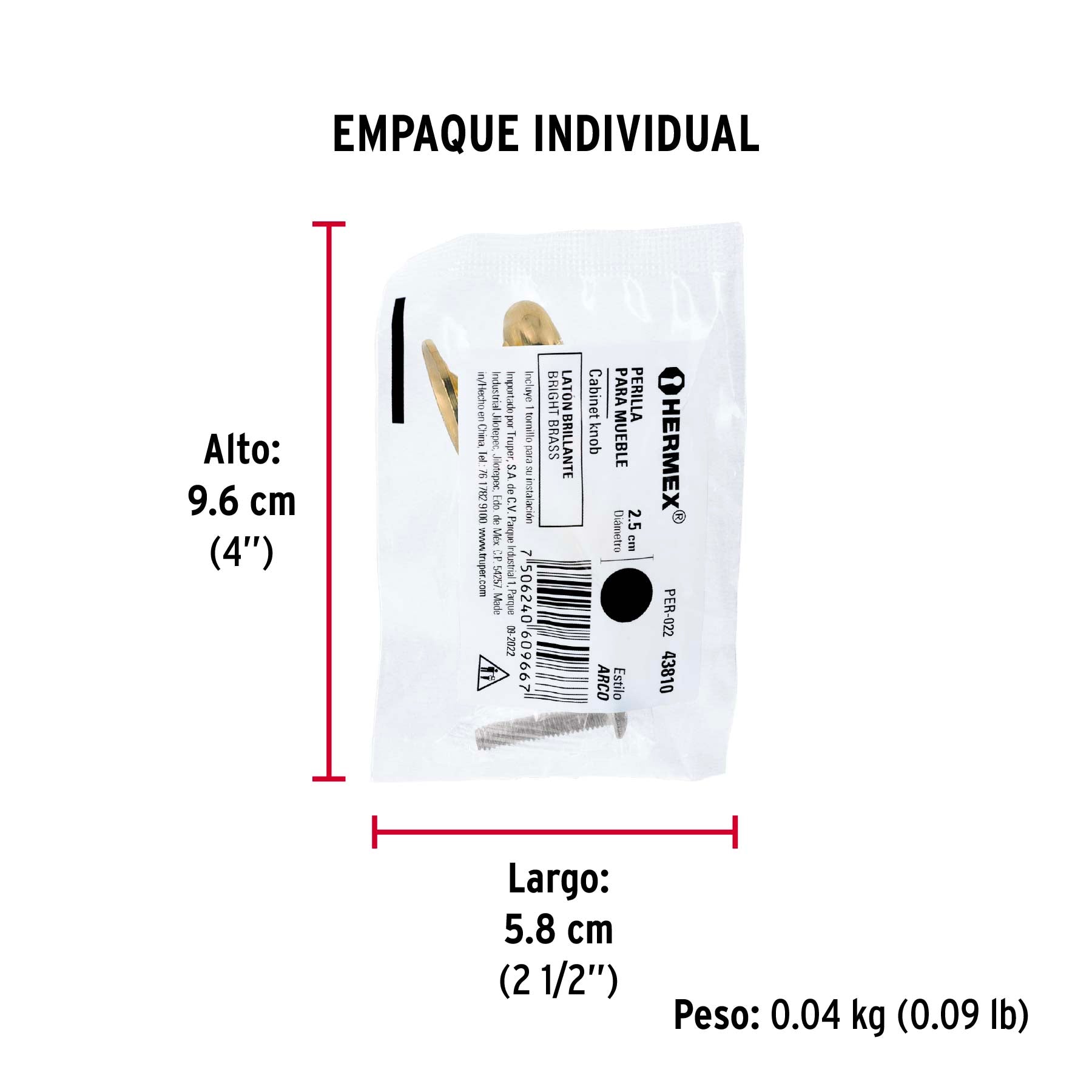 Perilla metálica estilo "Arco", latón brillante, HERMEX - Empaque