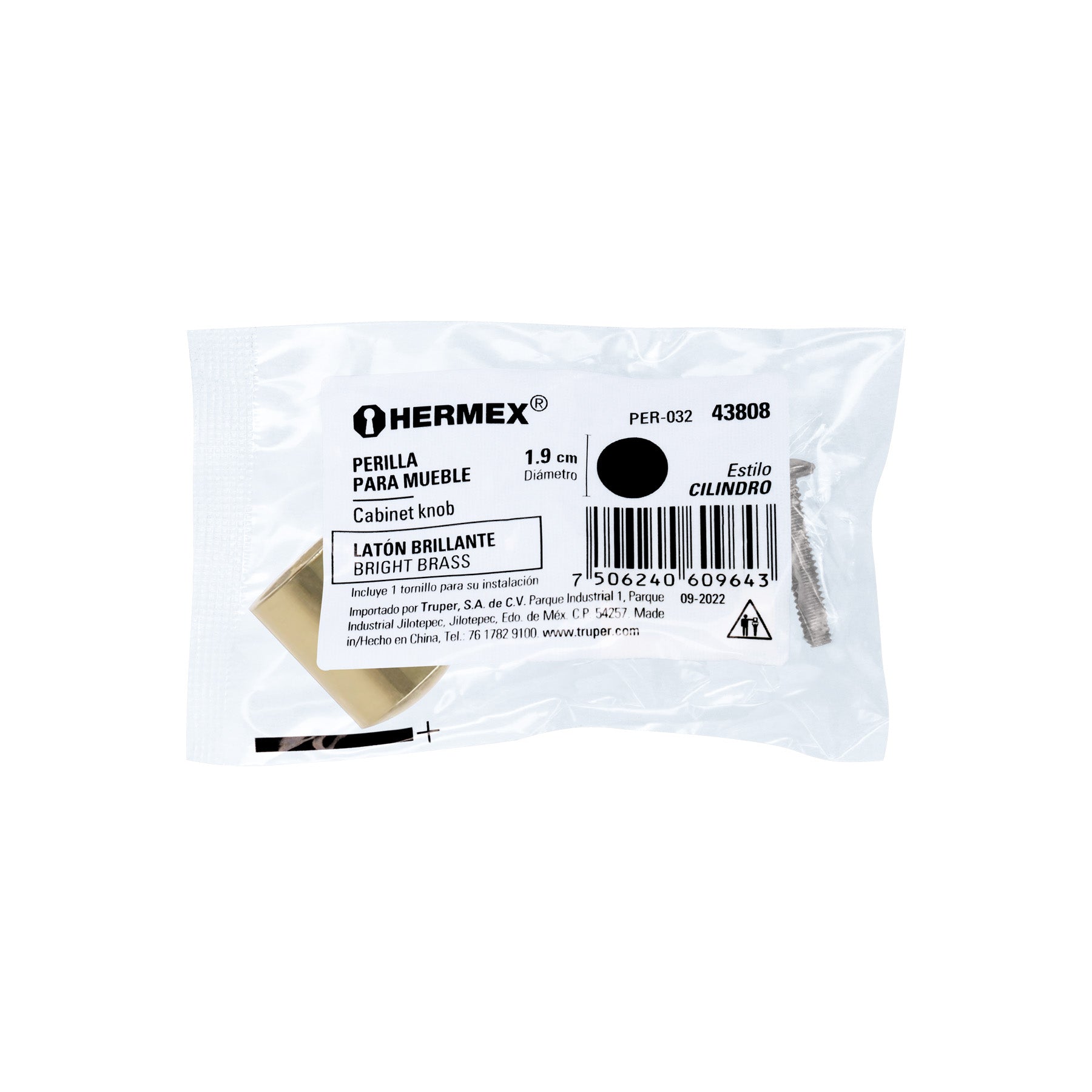 Perilla metálica estilo "Cilindro", latón brillante, HERMEX