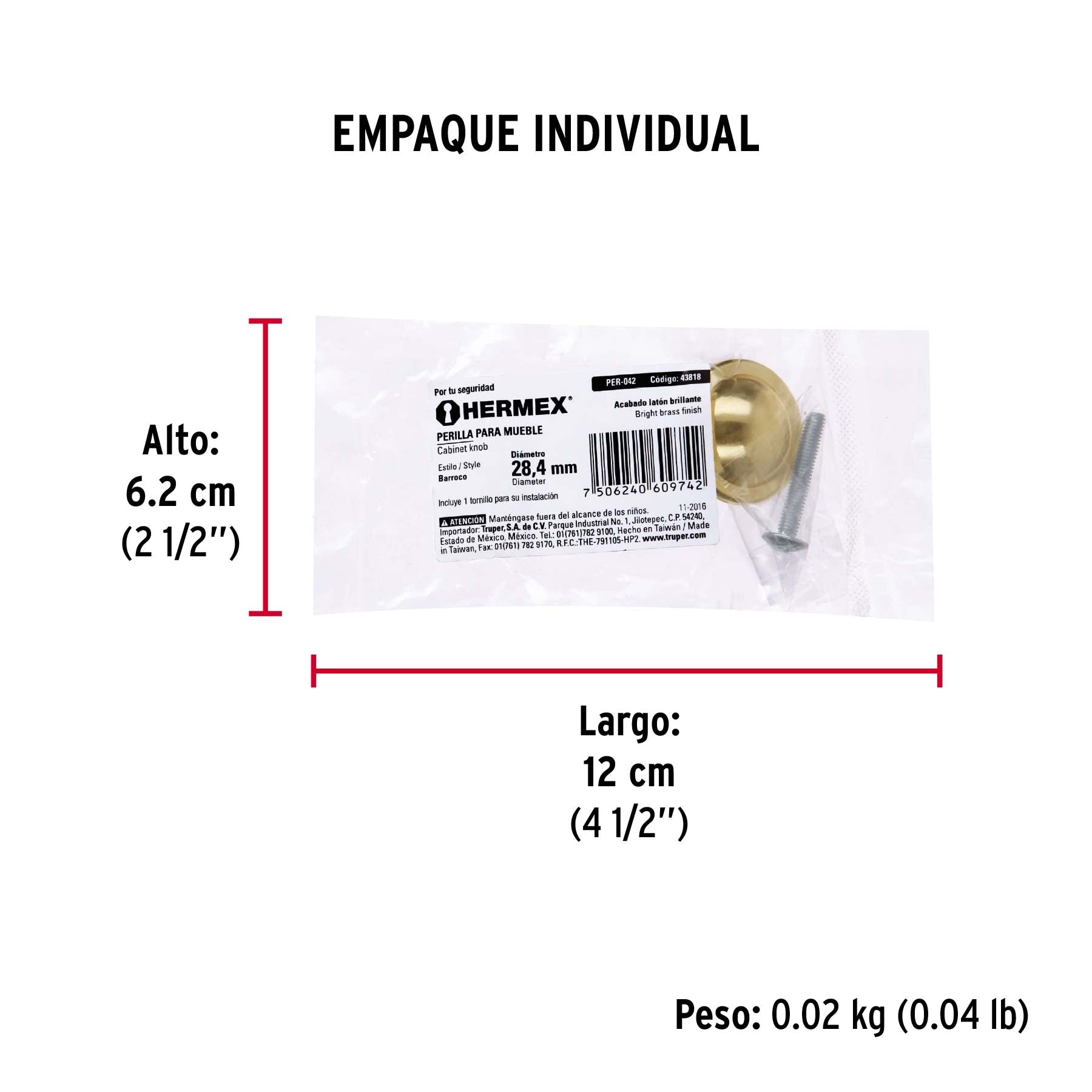 Perilla metálica estilo "Barroco", latón brillante, HERMEX - Empaque
