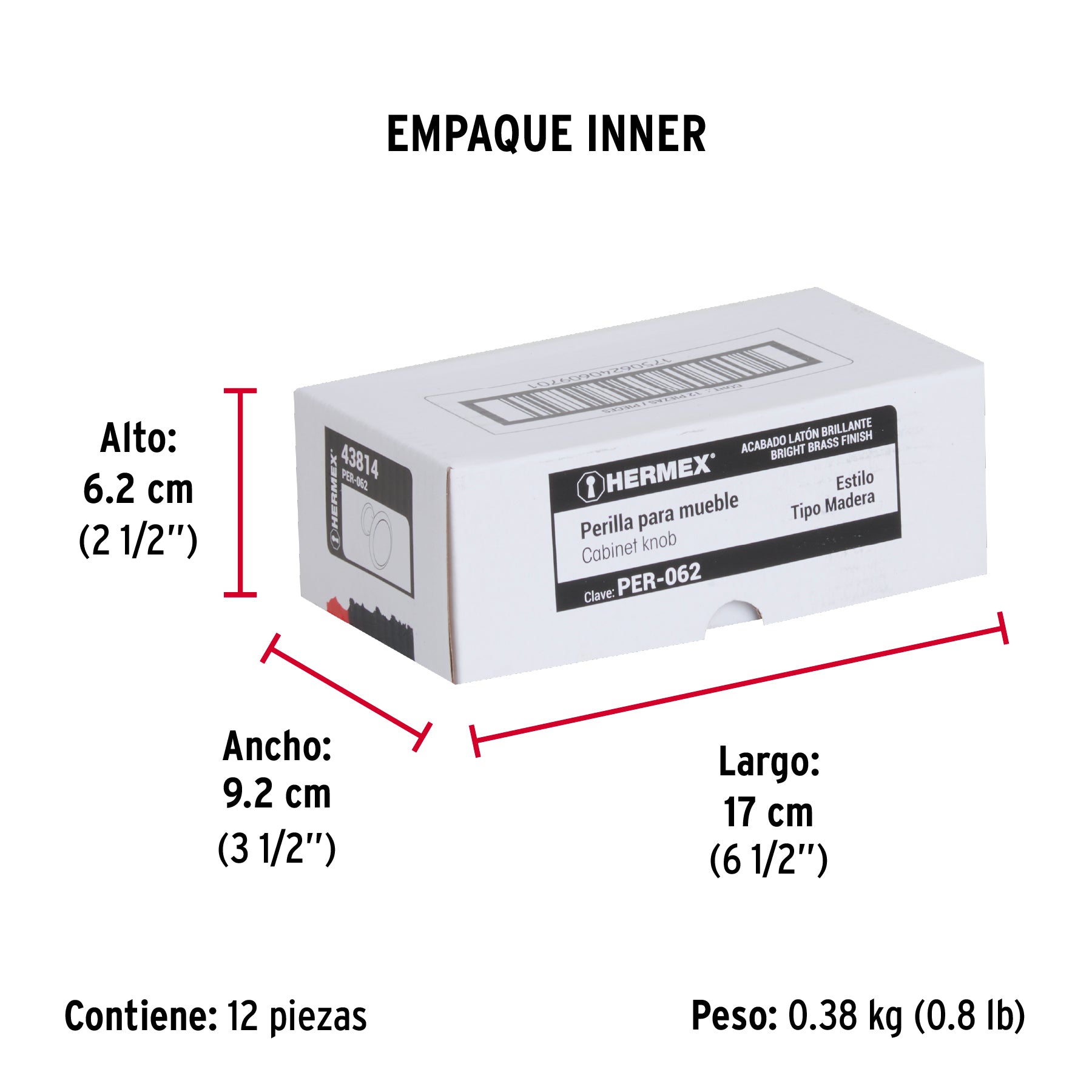 Perilla metálica, latón brillante, inserto madera, HERMEX - Empaque