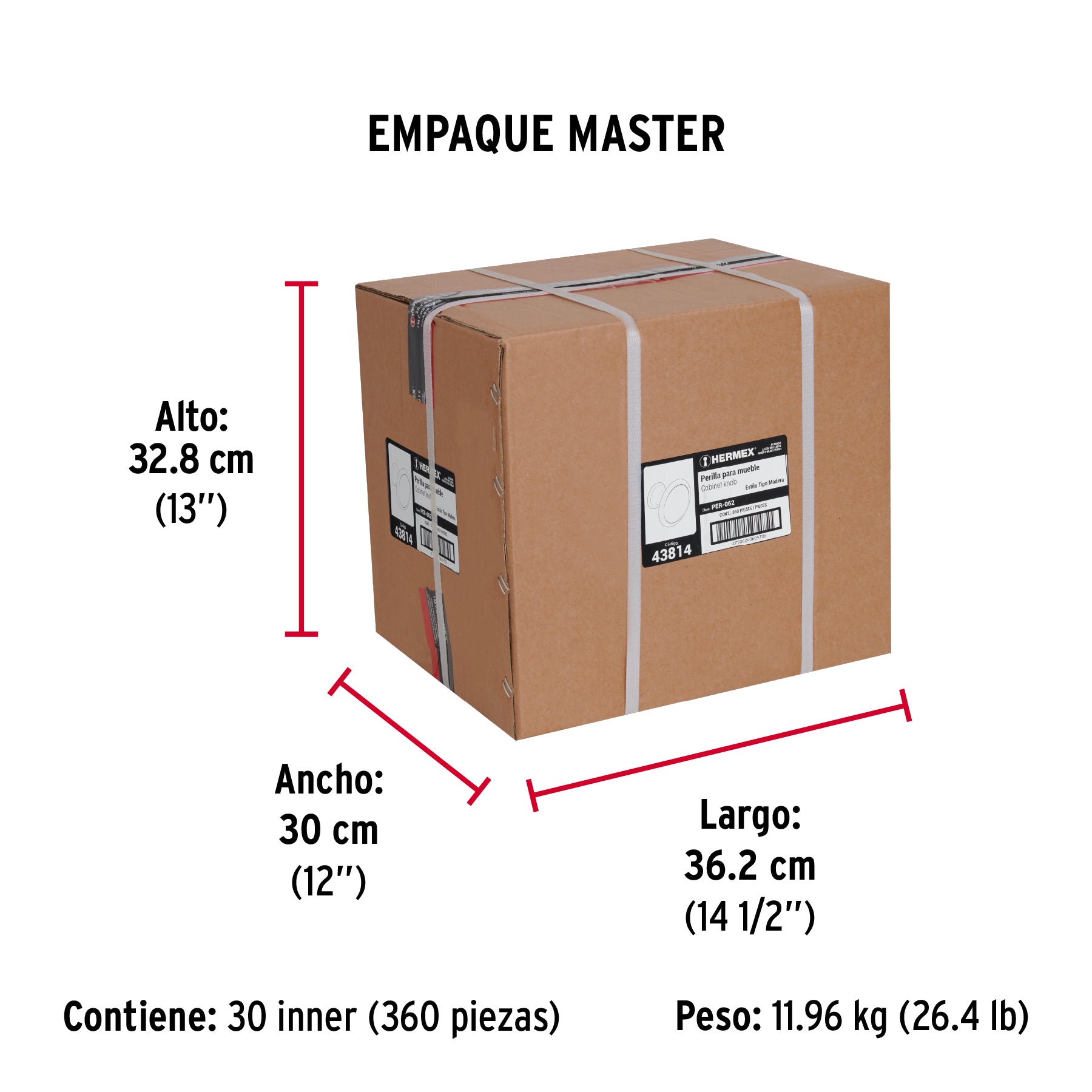 Perilla metálica, latón brillante, inserto madera, HERMEX - Empaque