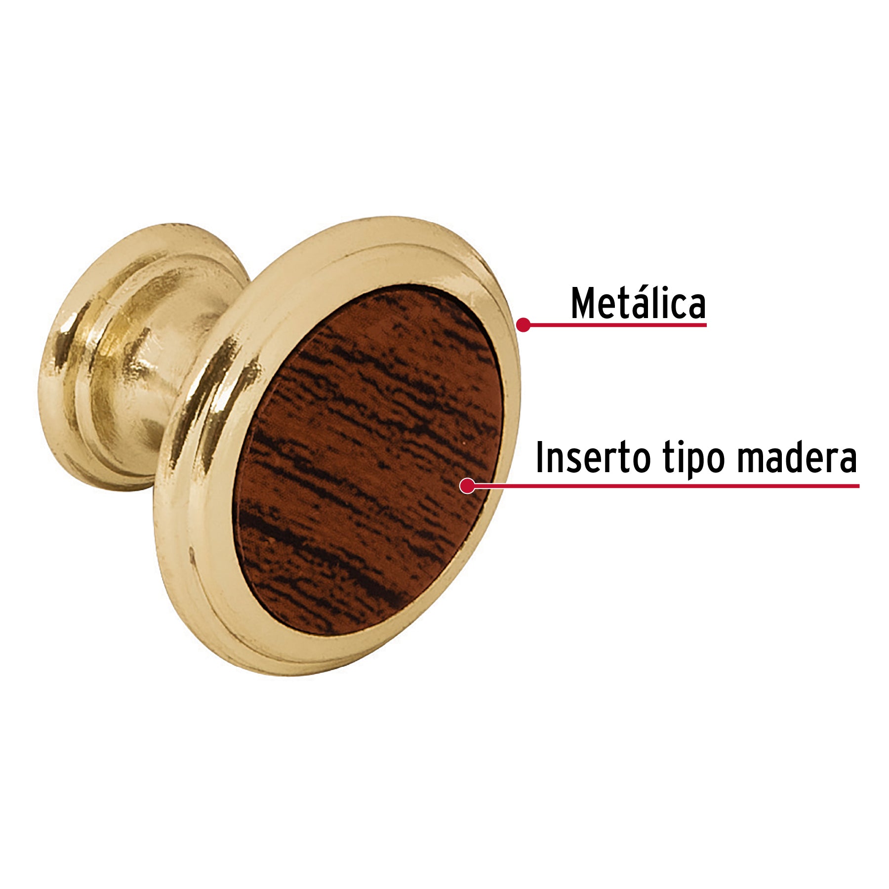 Perilla metálica, latón brillante, inserto madera, HERMEX