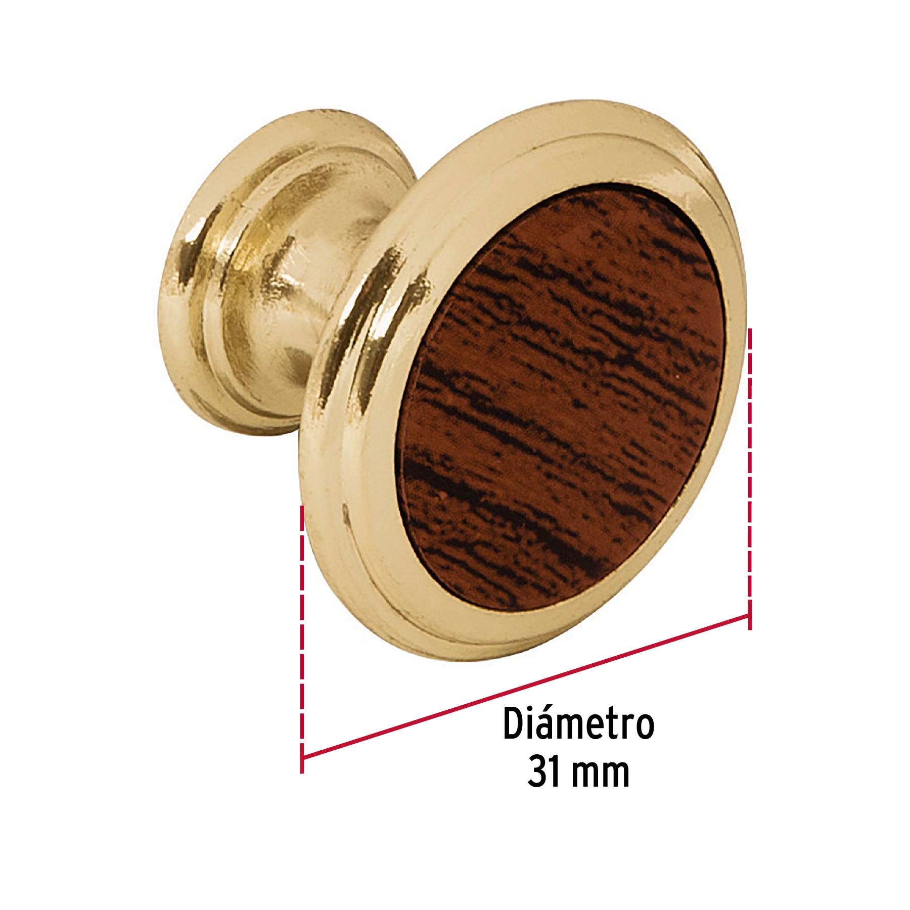 Perilla metálica, latón brillante, inserto madera, HERMEX