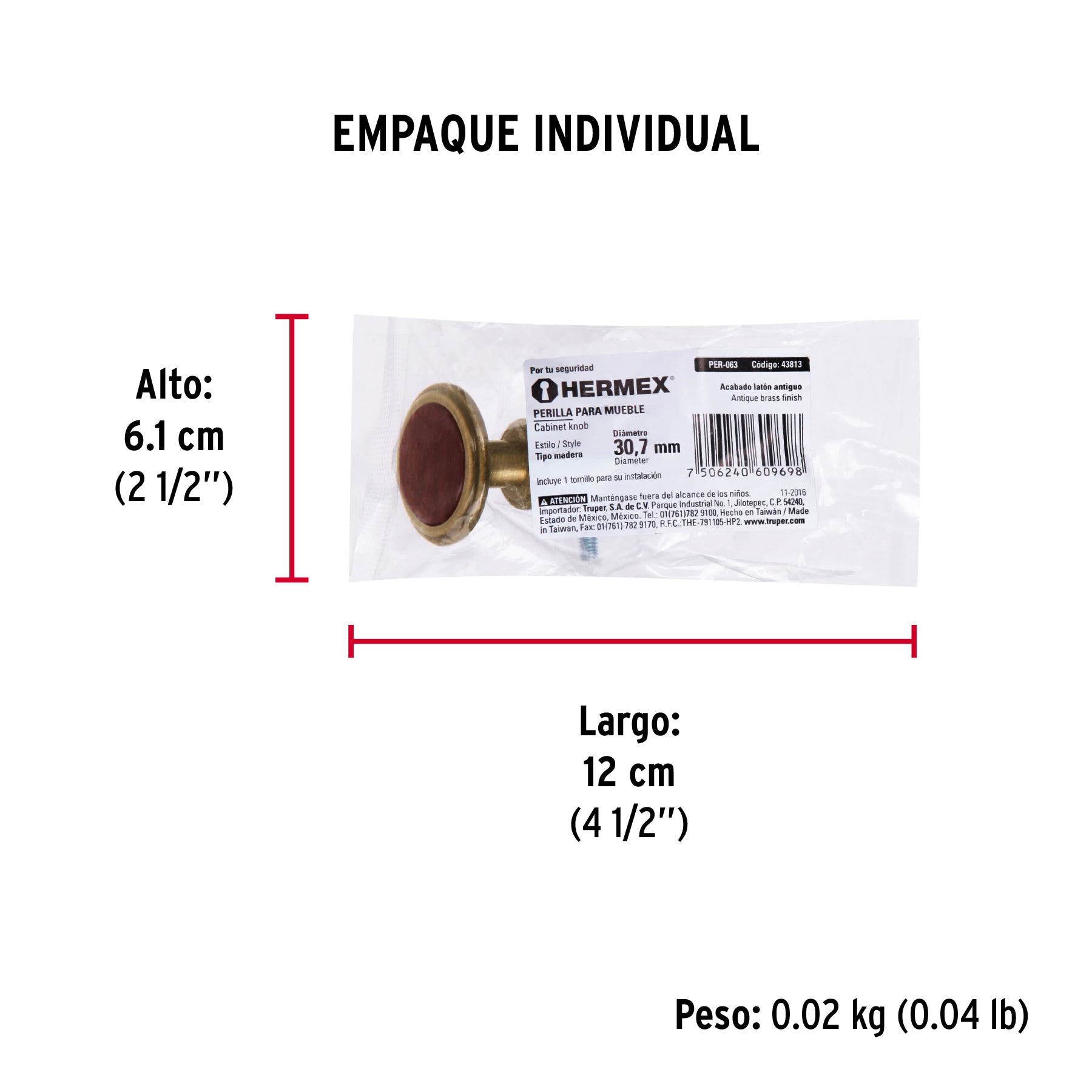 Perilla metálica, latón antiguo, inserto madera, HERMEX - Empaque