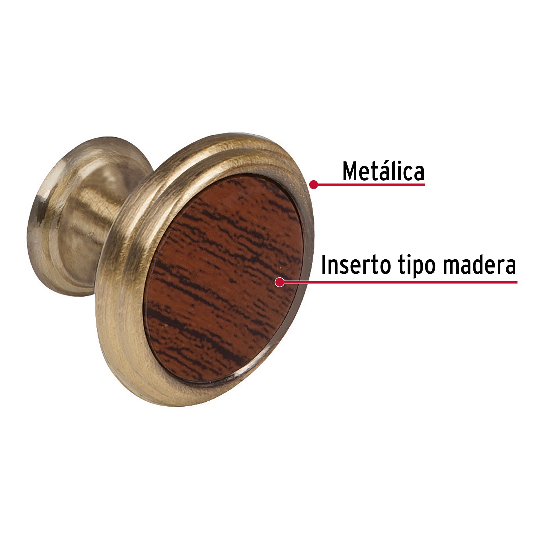 Perilla metálica, latón antiguo, inserto madera, HERMEX