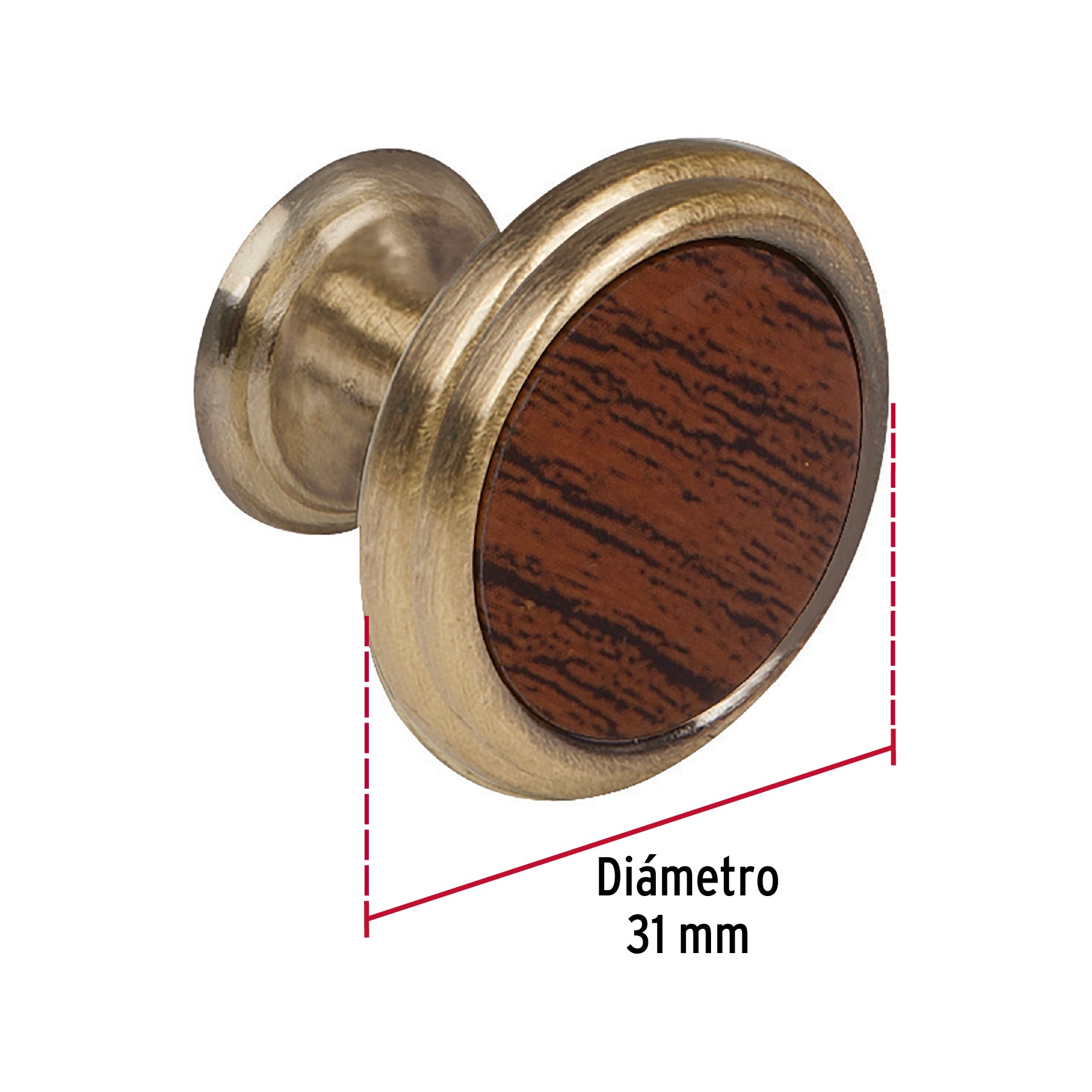 Perilla metálica, latón antiguo, inserto madera, HERMEX