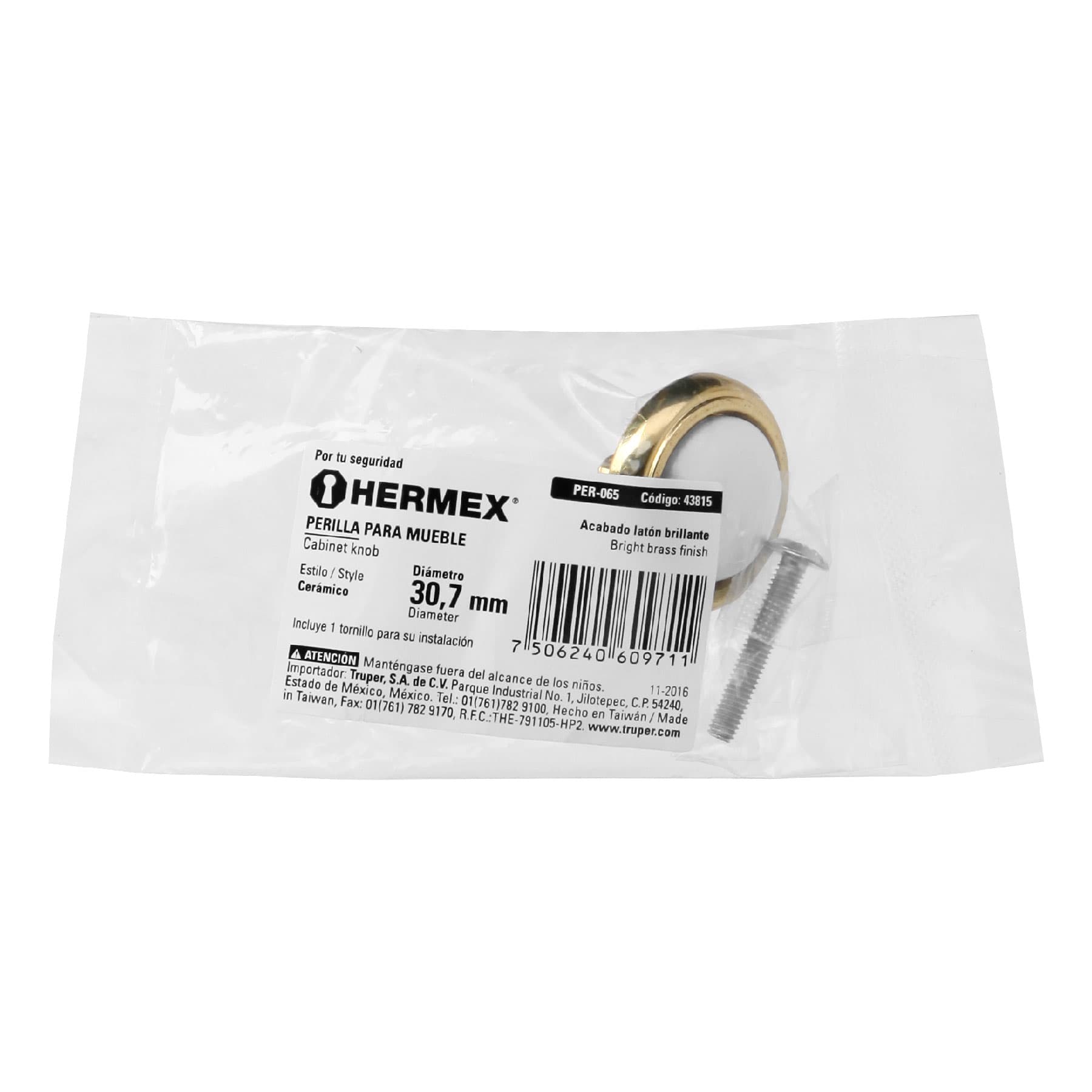 Perilla metálica, latón brillante, inserto cerámico, HERMEX