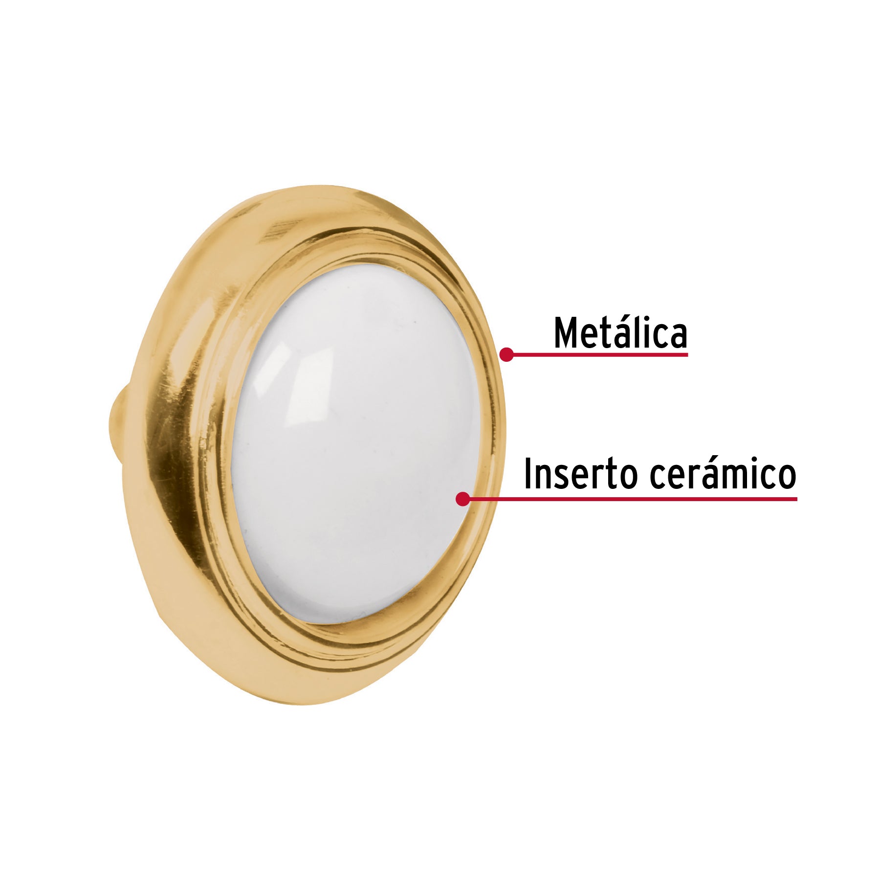 Perilla metálica, latón brillante, inserto cerámico, HERMEX