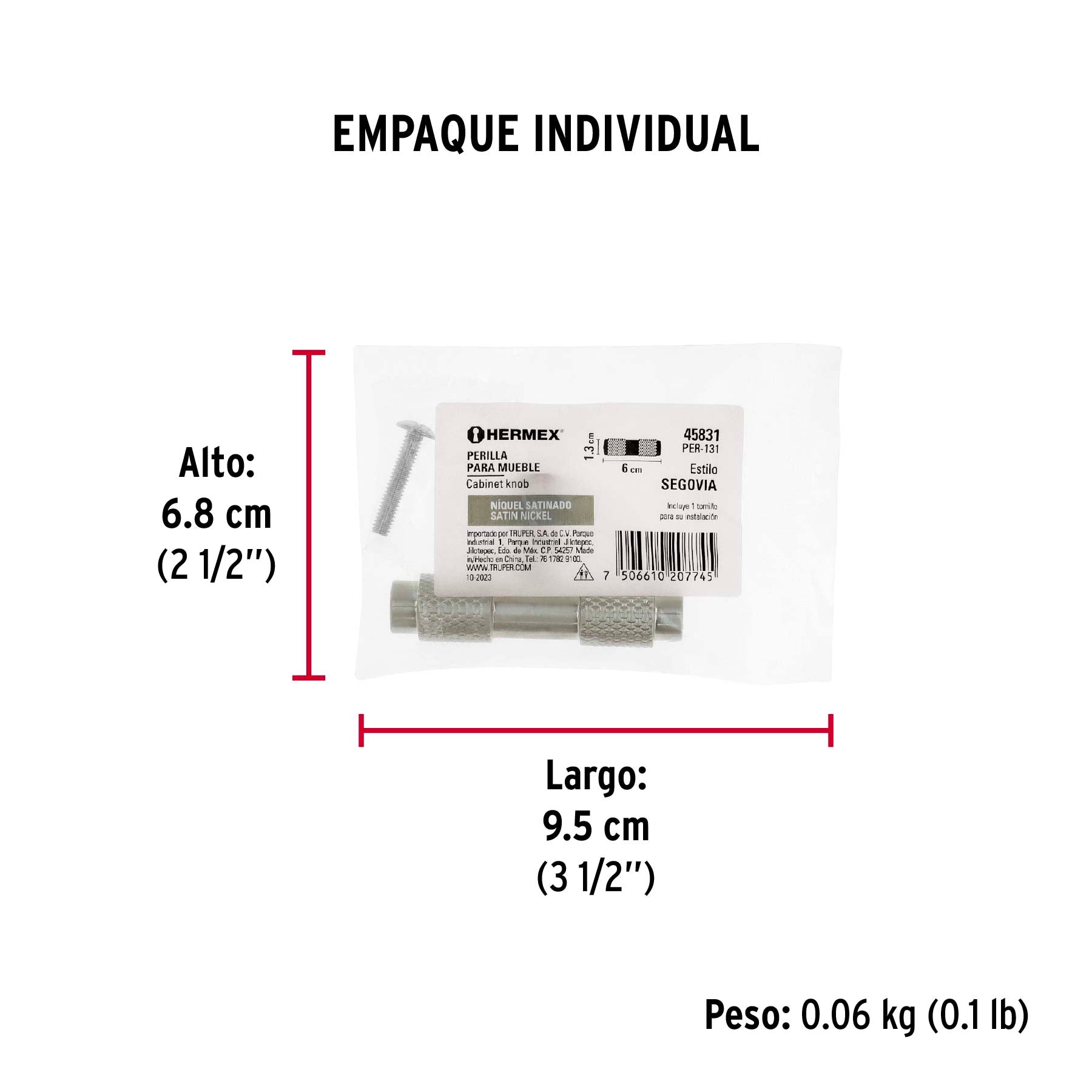 Perilla metálica estilo " Segovia", níquel satinado, HERMEX - Empaque