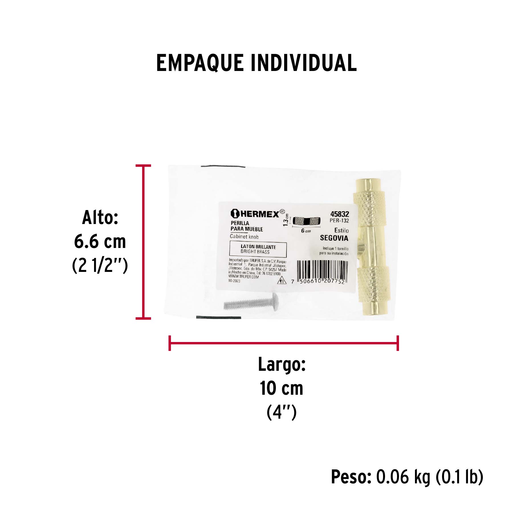 Perilla metálica estilo " Segovia", latón brillante, HERMEX - Empaque