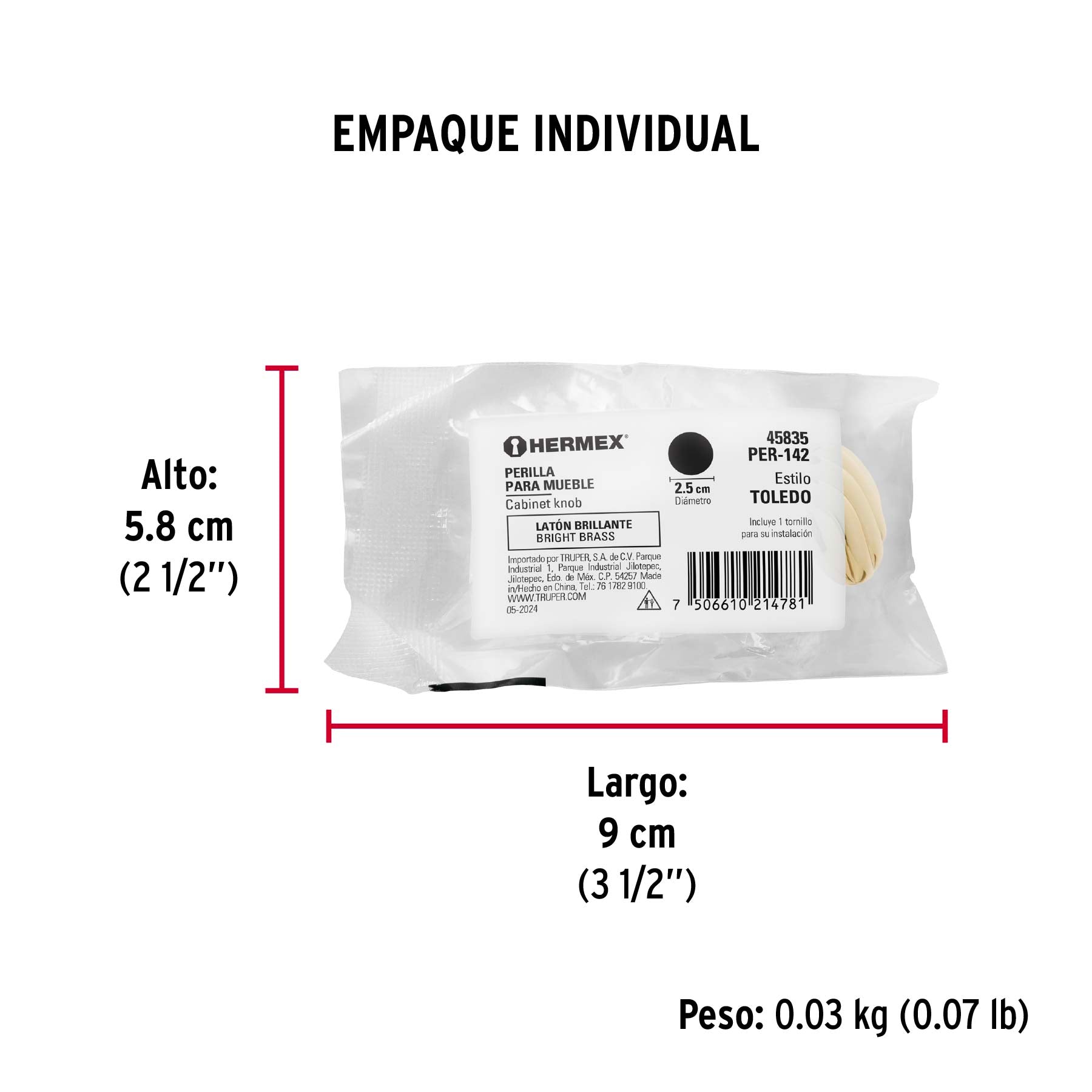 Perilla metálica estilo "Toledo", latón brillante, HERMEX - Empaque