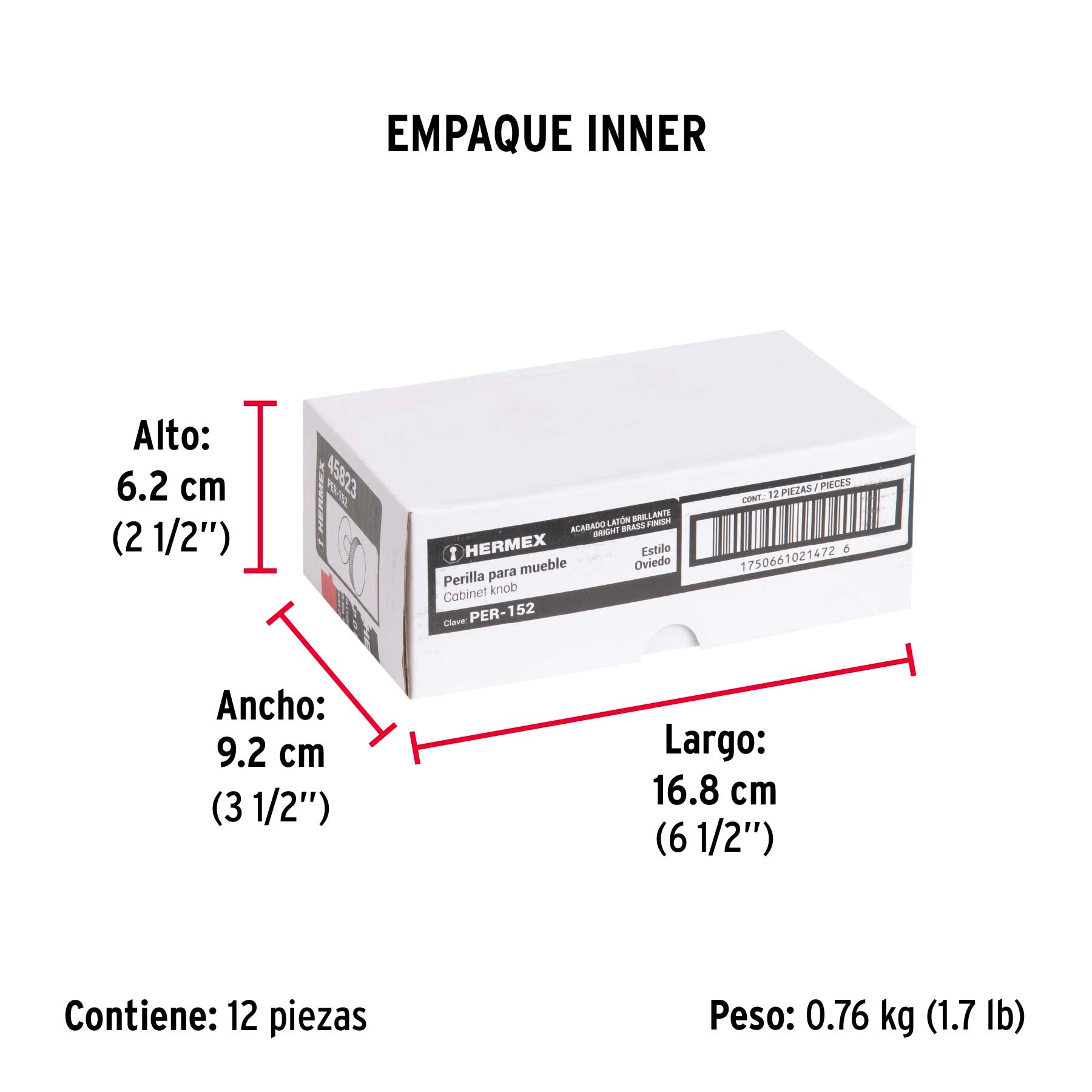 Perilla metálica estilo "Oviedo", latón brillante, HERMEX - Empaque