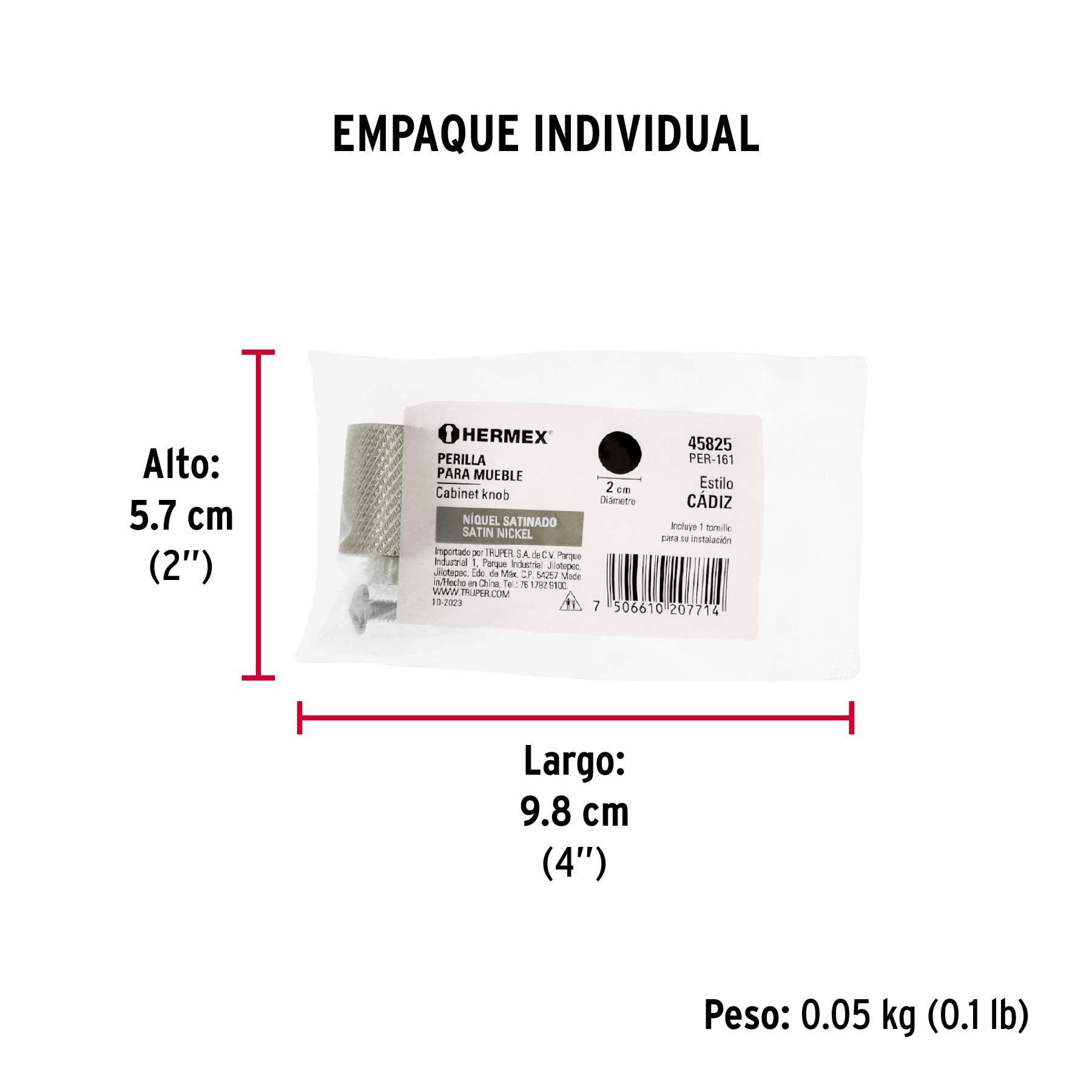 Perilla metálica estilo "Cádiz", níquel satinado, HERMEX - Empaque