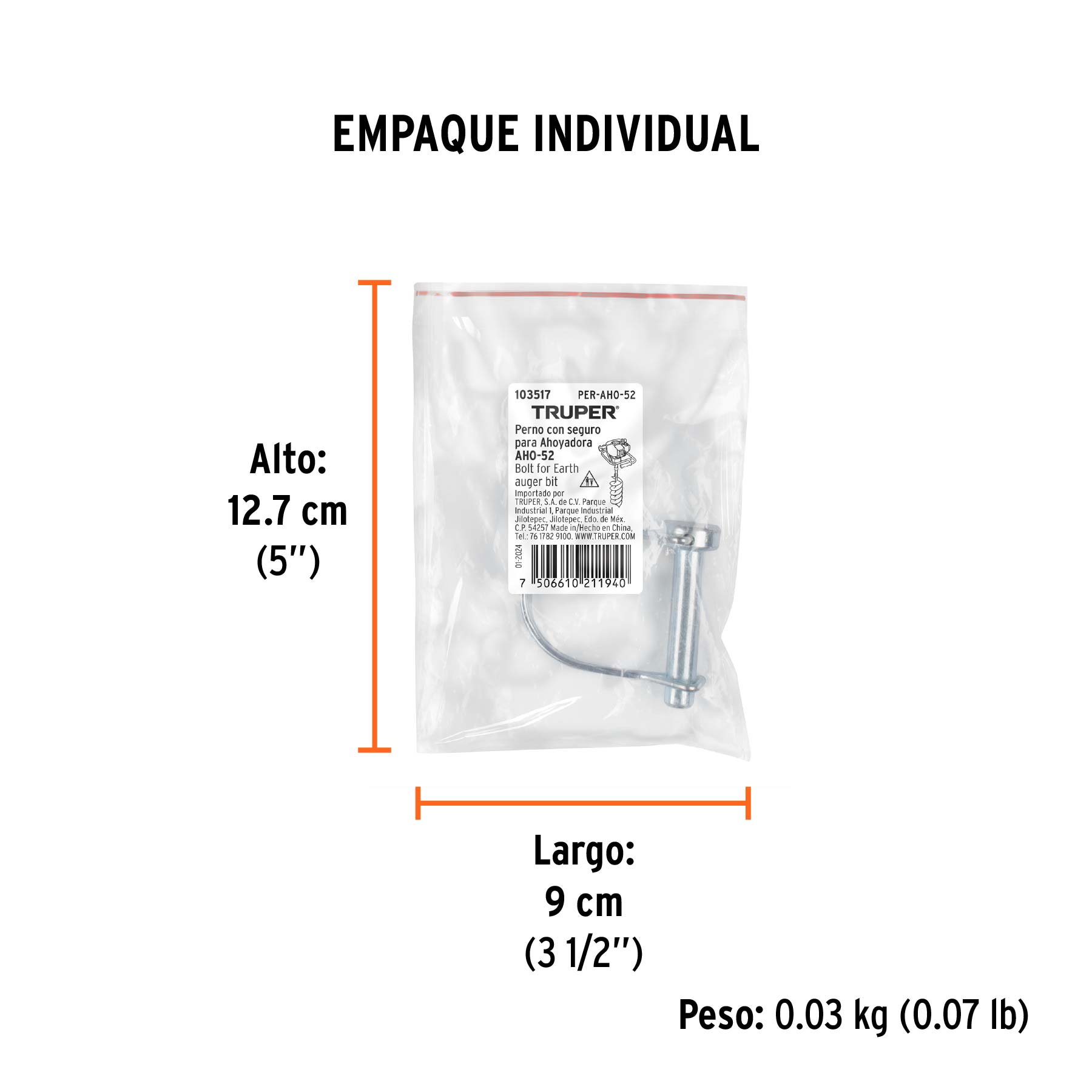 Perno de barrena a ahoyadora para AHO-52, TRUPER - Empaque