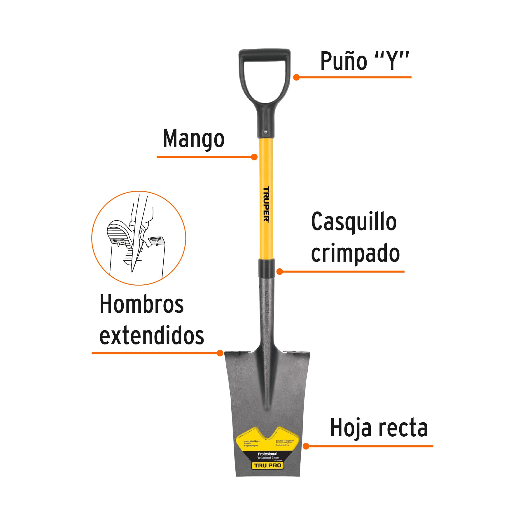 Pala escarramán Tru Pro, puño "Y", mango de fibra de vidrio