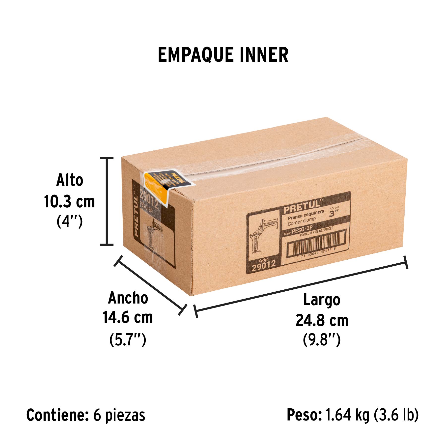 Prensa esquinera de 3", cuerpo aluminio, PRETUL - Empaque
