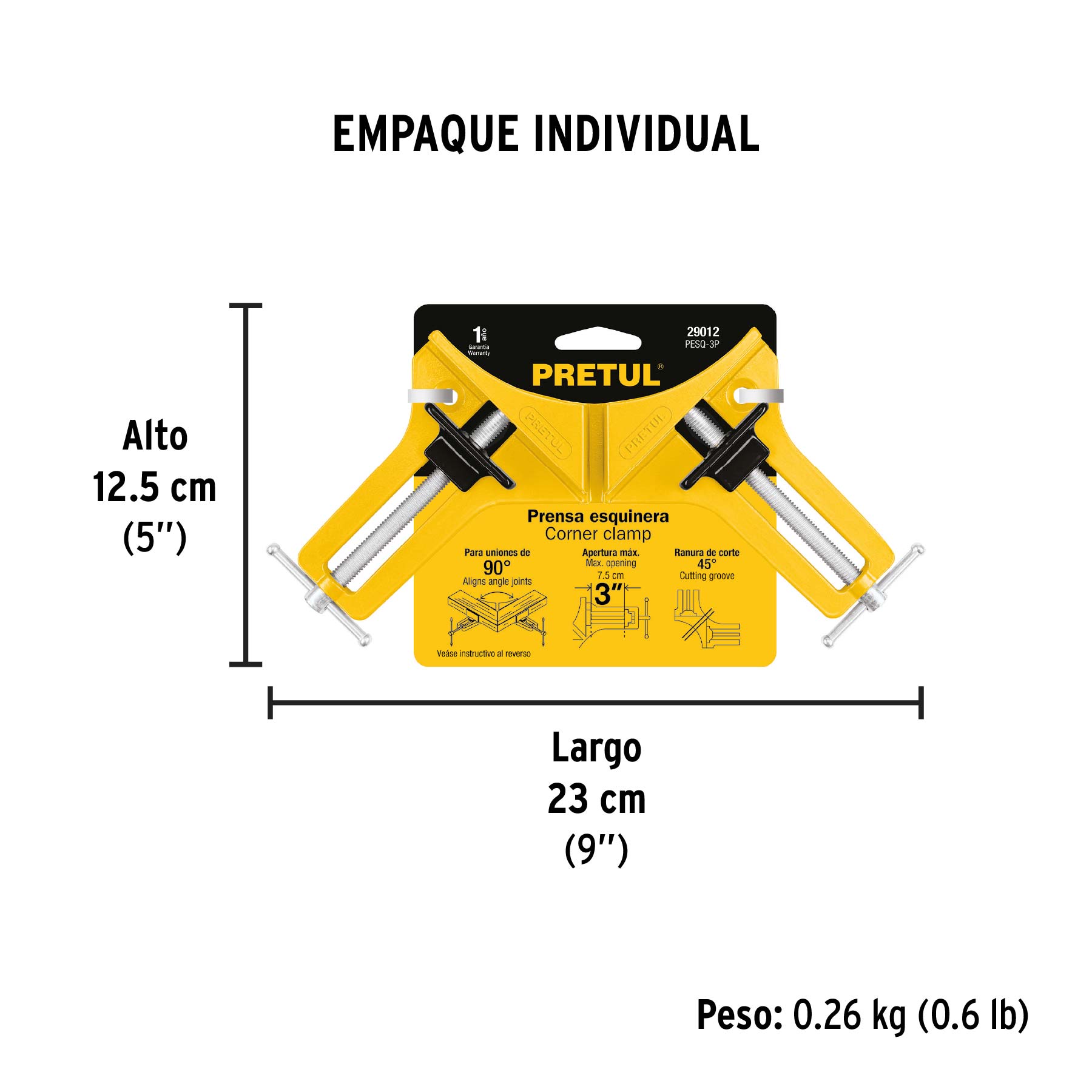 Prensa esquinera de 3", cuerpo aluminio, PRETUL - Empaque