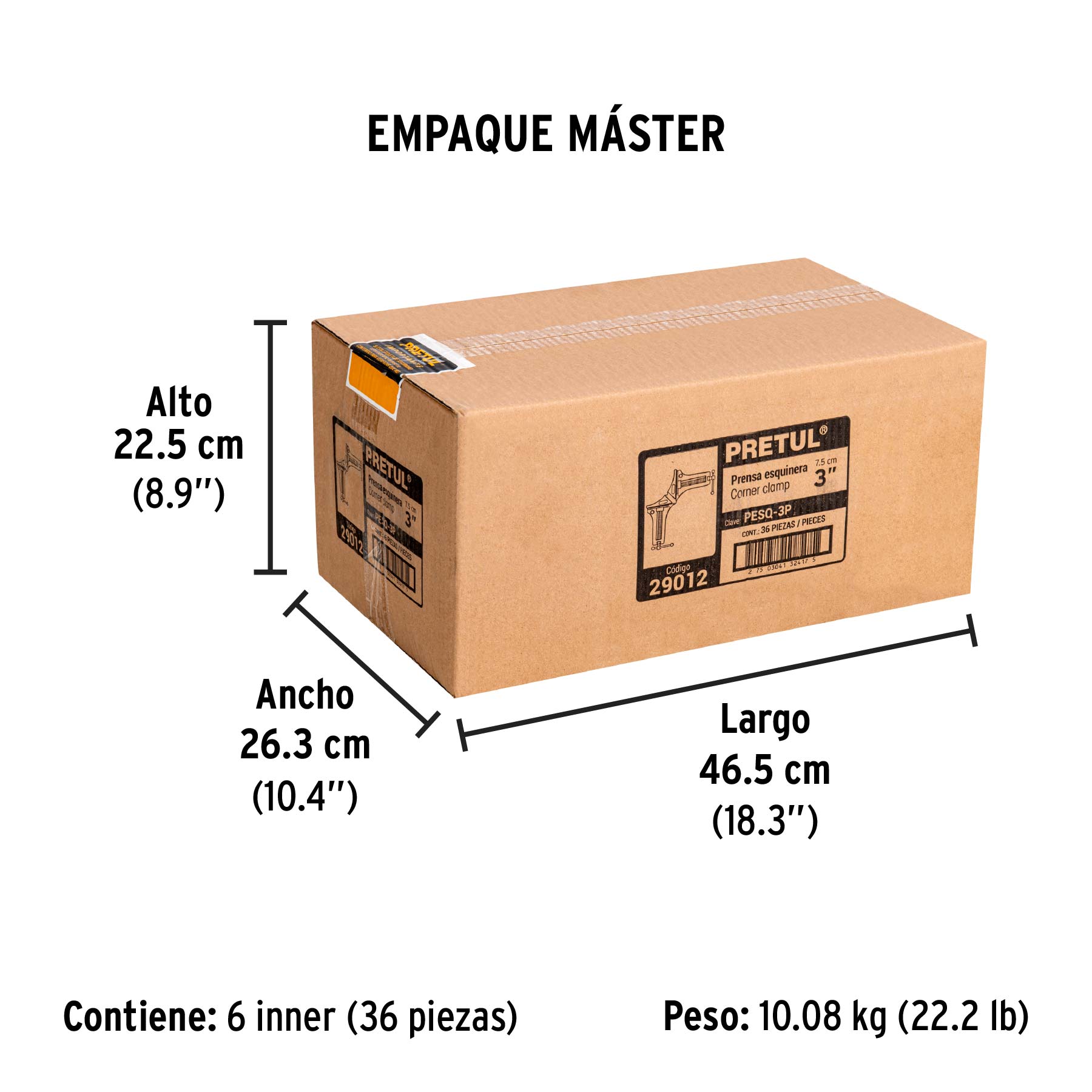 Prensa esquinera de 3", cuerpo aluminio, PRETUL - Empaque