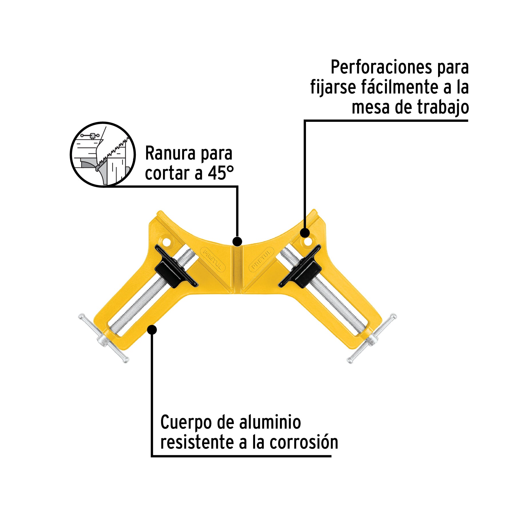 Prensa esquinera de 3", cuerpo aluminio, PRETUL