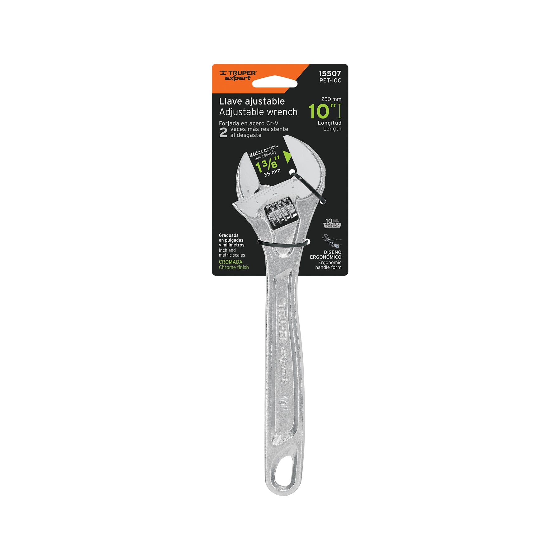 Llave ajustable (perico) 10" profesional cromada, EXPERT