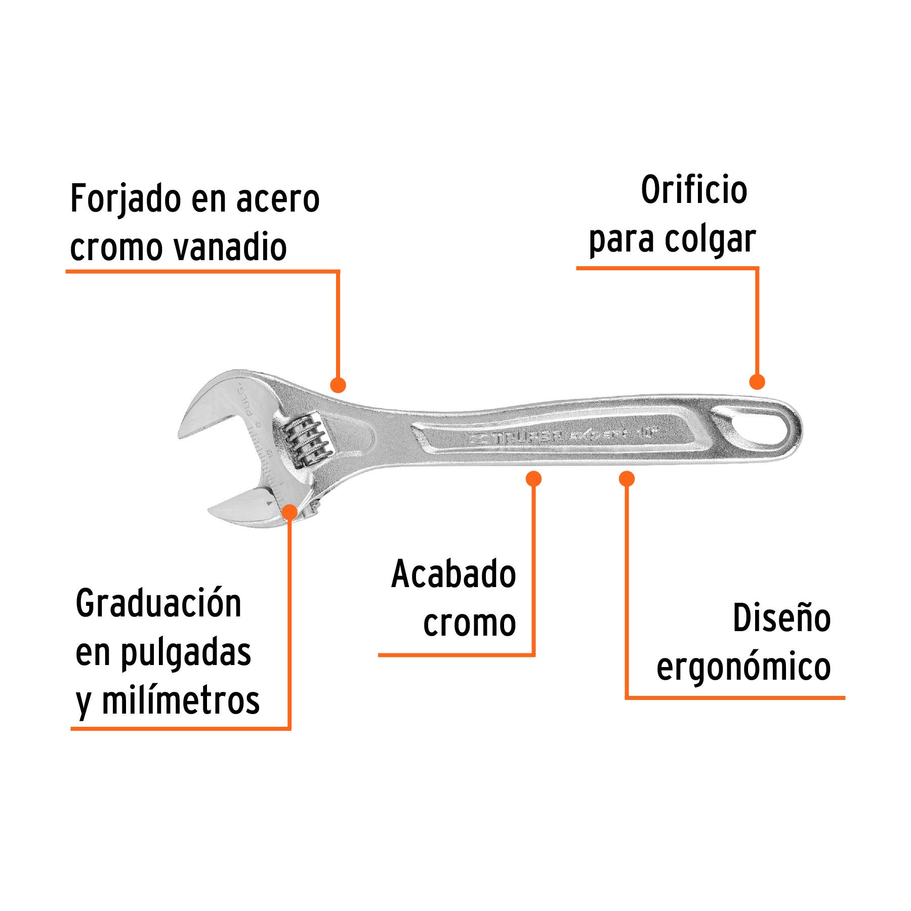 Llave ajustable (perico) 10" profesional cromada, EXPERT