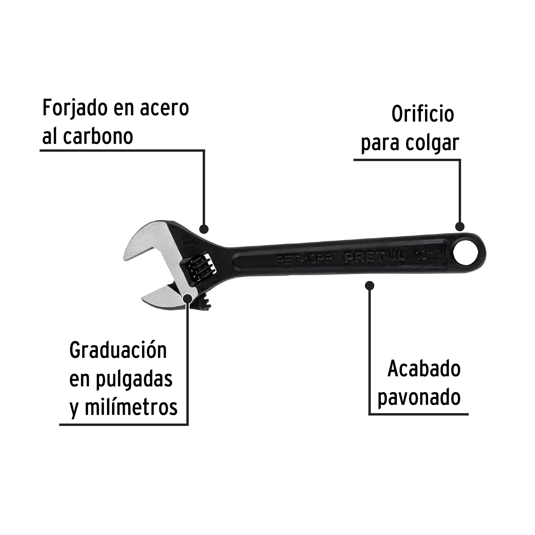 Llave ajustable (perico) 10" pavonada, PRETUL