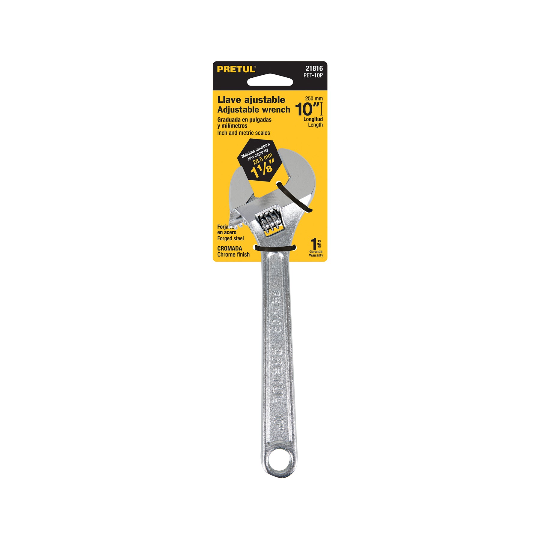 Llave ajustable (perico) 10" cromada, PRETUL