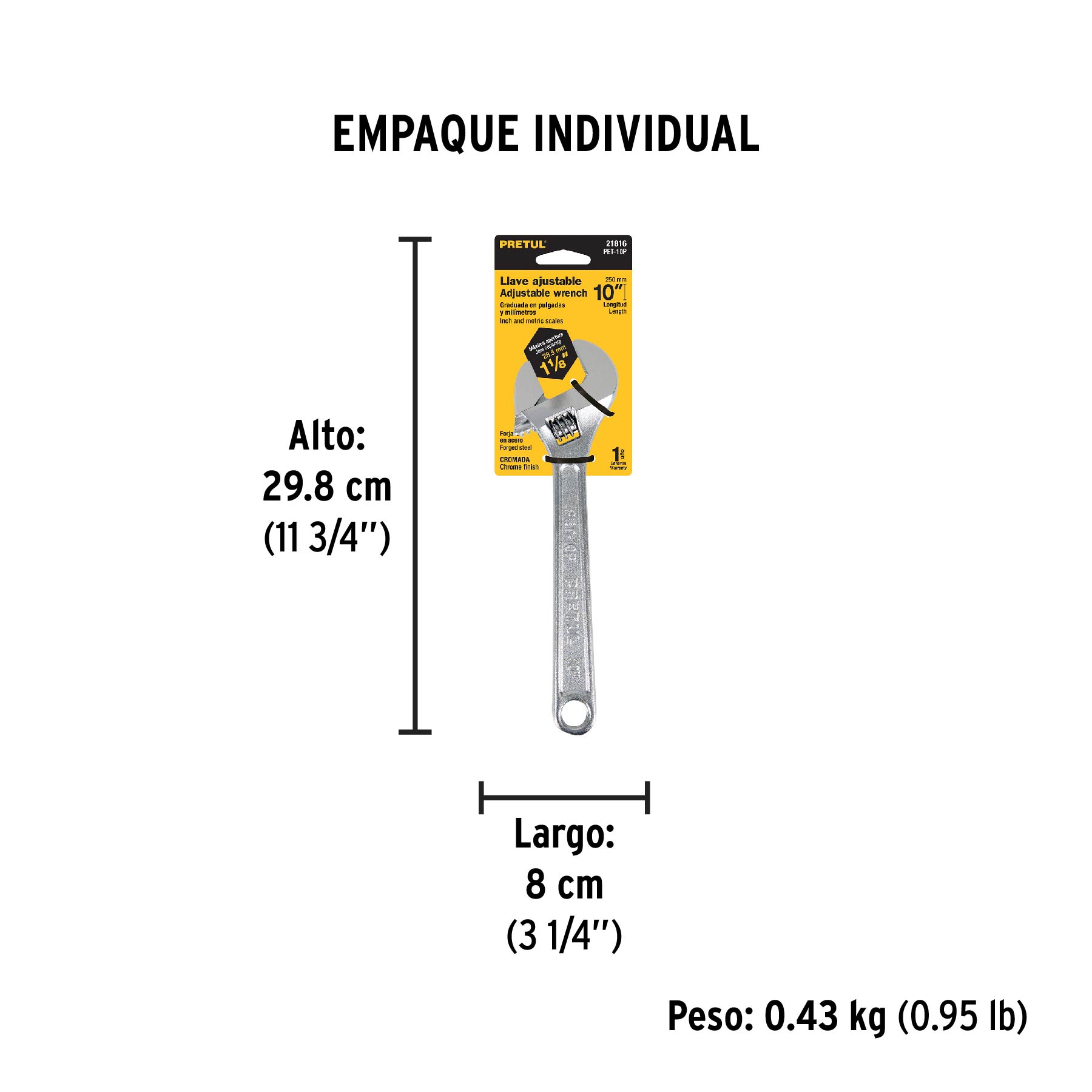 Llave ajustable (perico) 10" cromada, PRETUL - Empaque