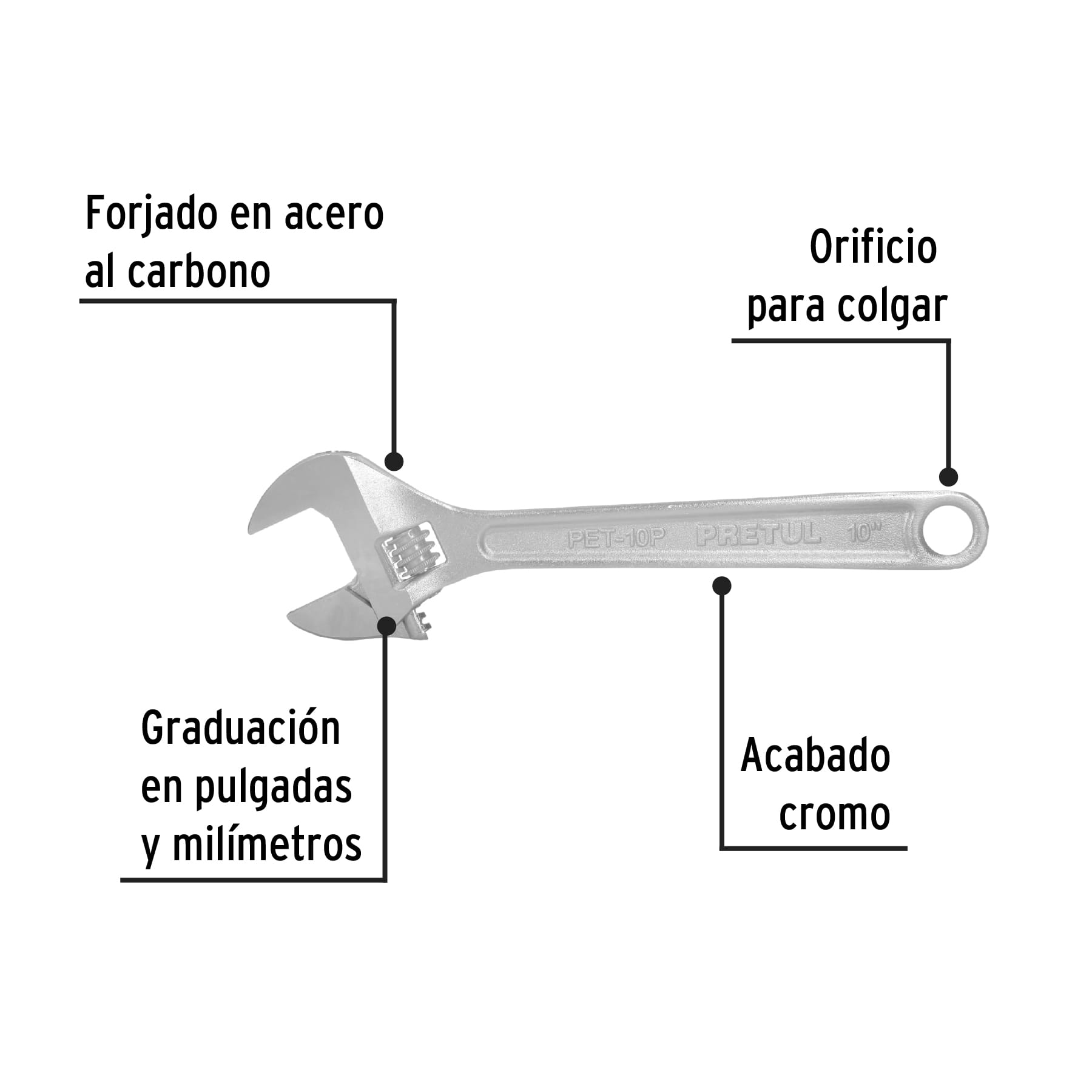 Llave ajustable (perico) 10" cromada, PRETUL