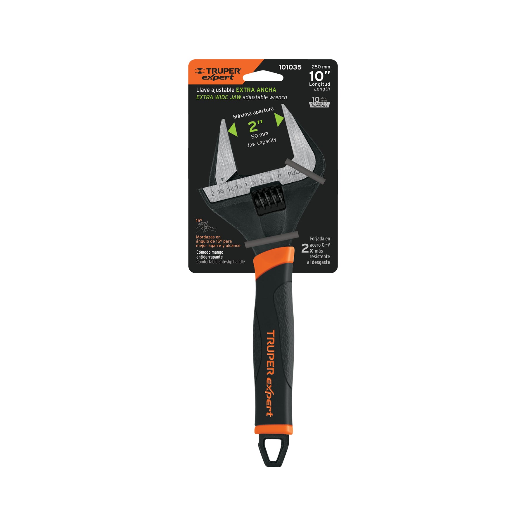 Llave ajustable (perico) 10" boca ancha Comfort Grip, EXPERT
