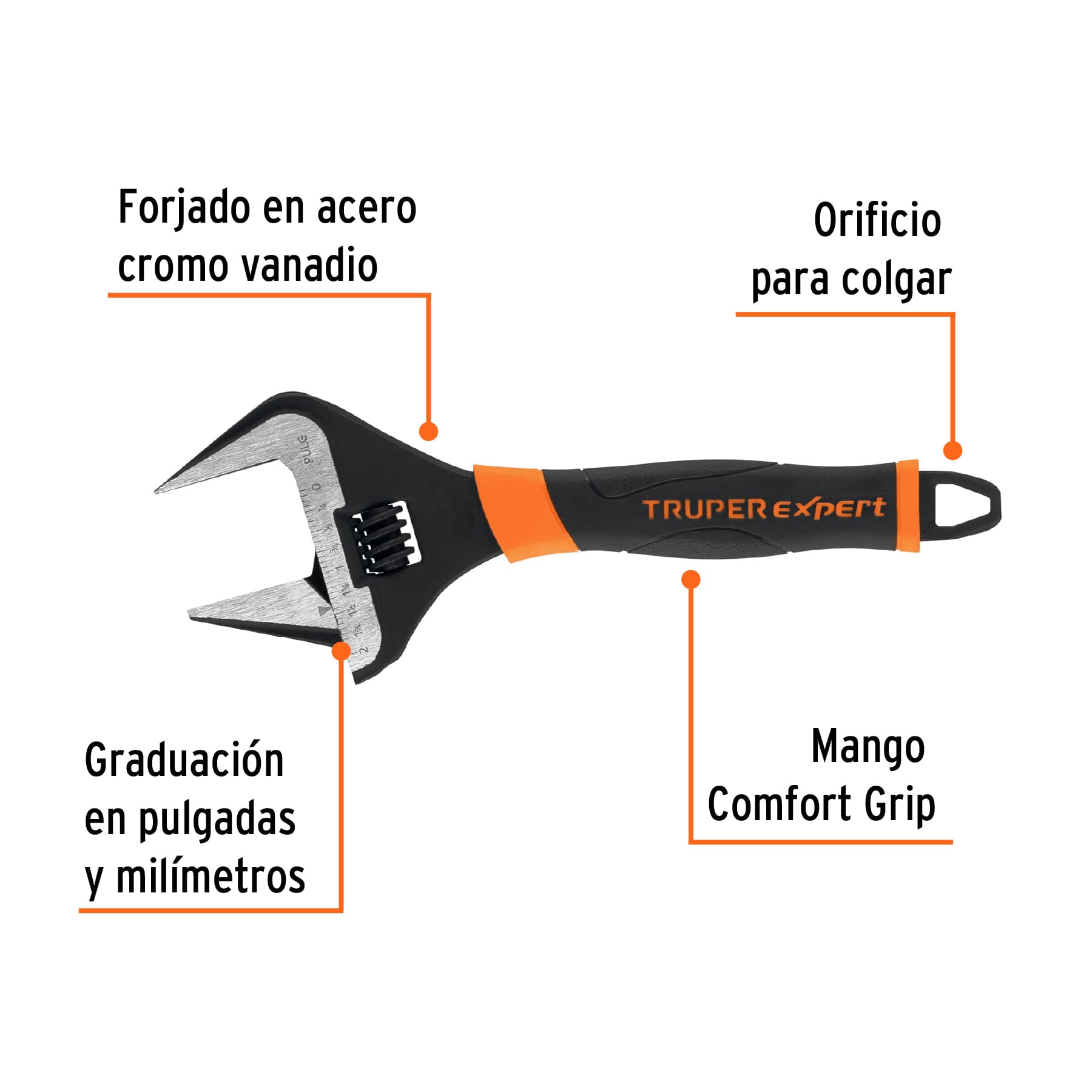 Llave ajustable (perico) 10" boca ancha Comfort Grip, EXPERT