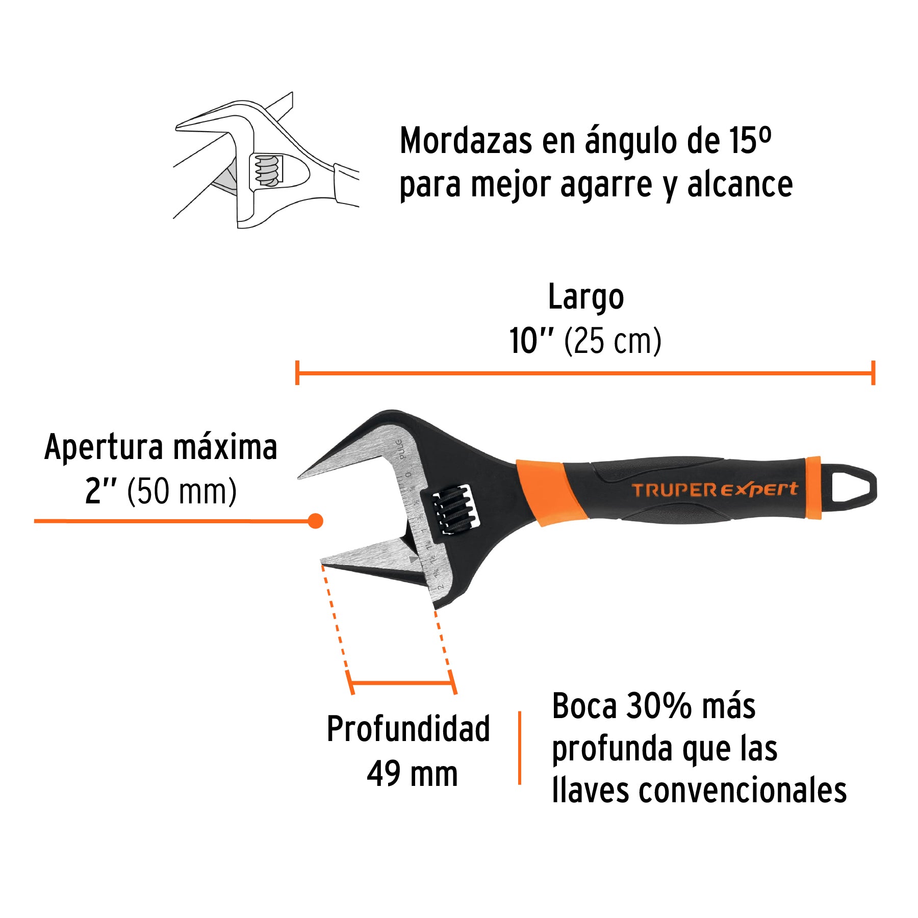 Llave ajustable (perico) 10" boca ancha Comfort Grip, EXPERT