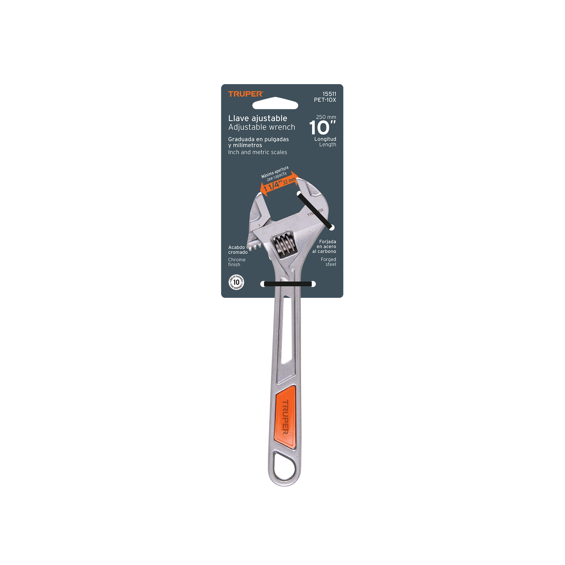 Llave ajustable (perico) 10" cromada, TRUPER