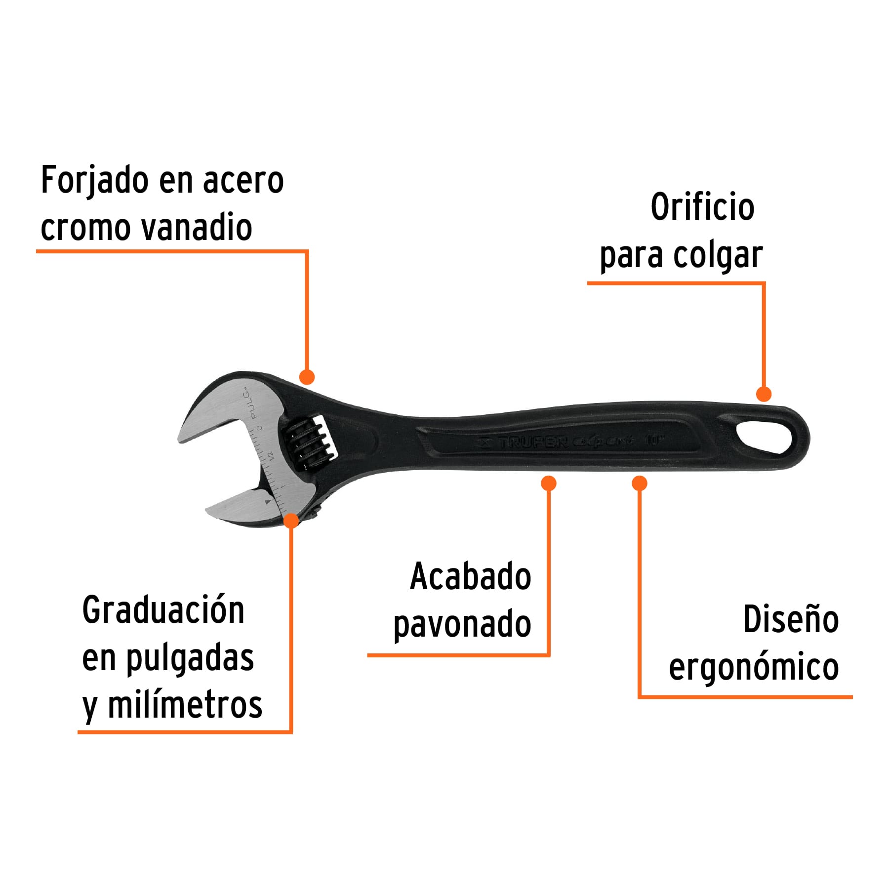 Llave ajustable (perico) 10" profesional pavonada, EXPERT
