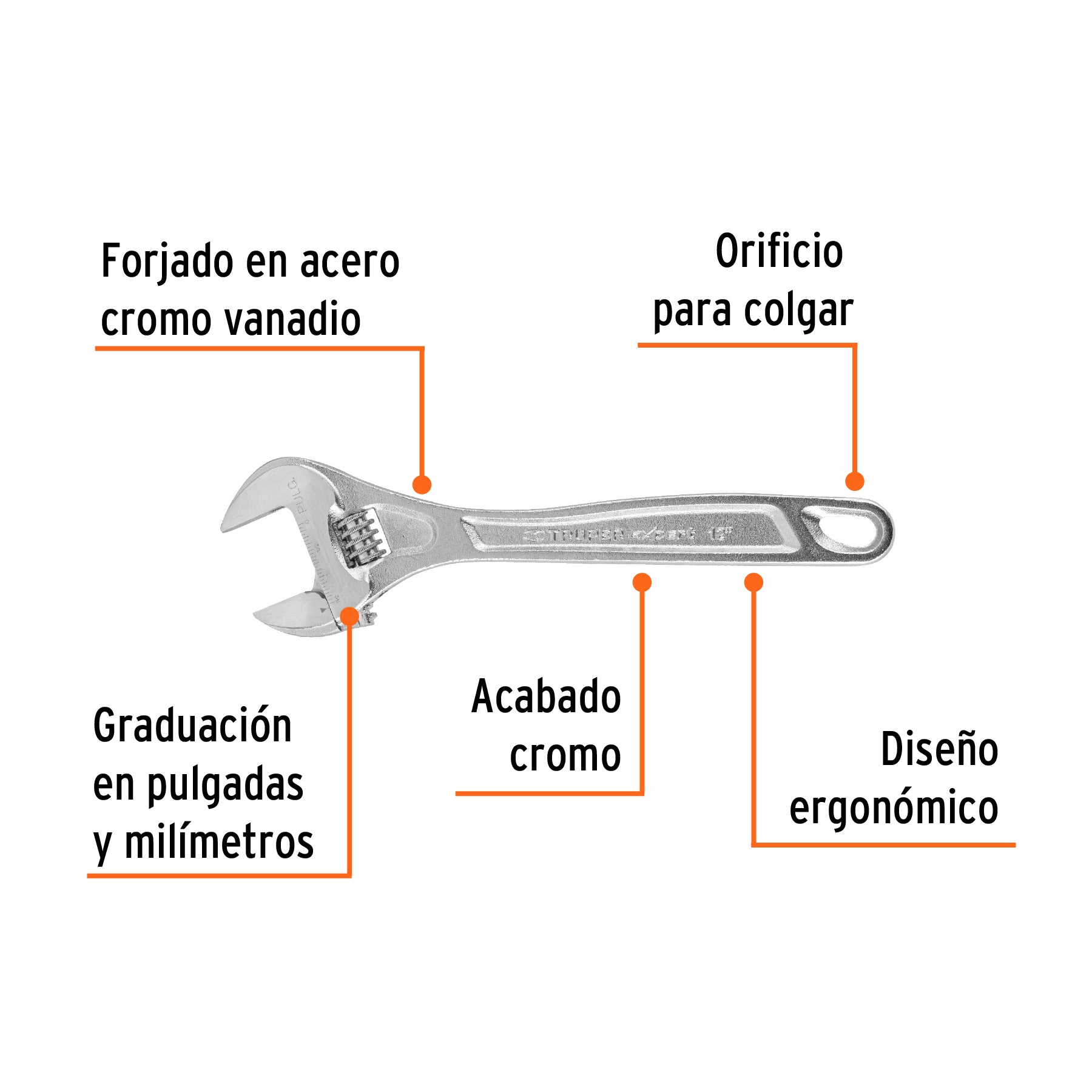 Llave ajustable (perico) 12" profesional cromada, EXPERT