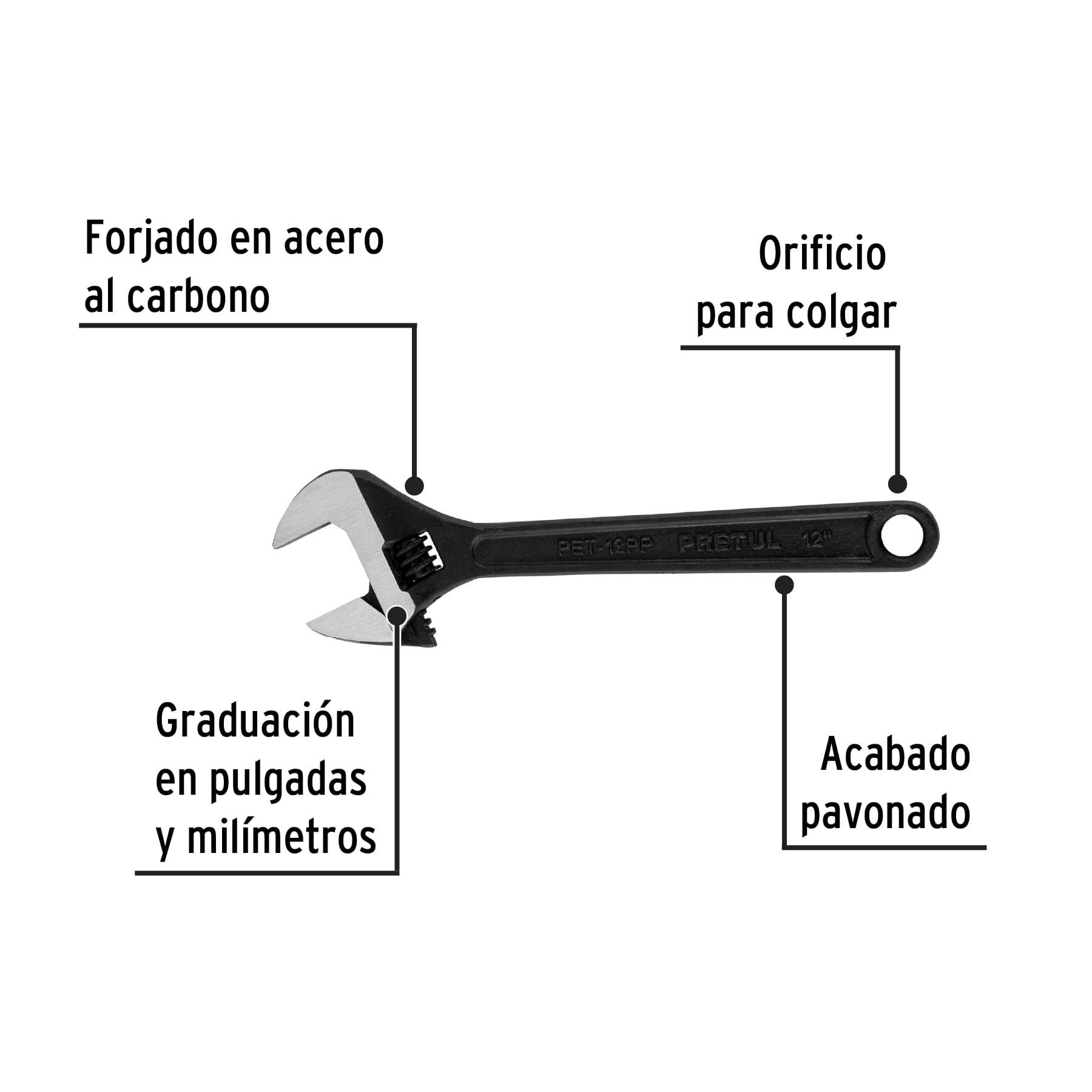 Llave ajustable (perico) 12" pavonada, PRETUL