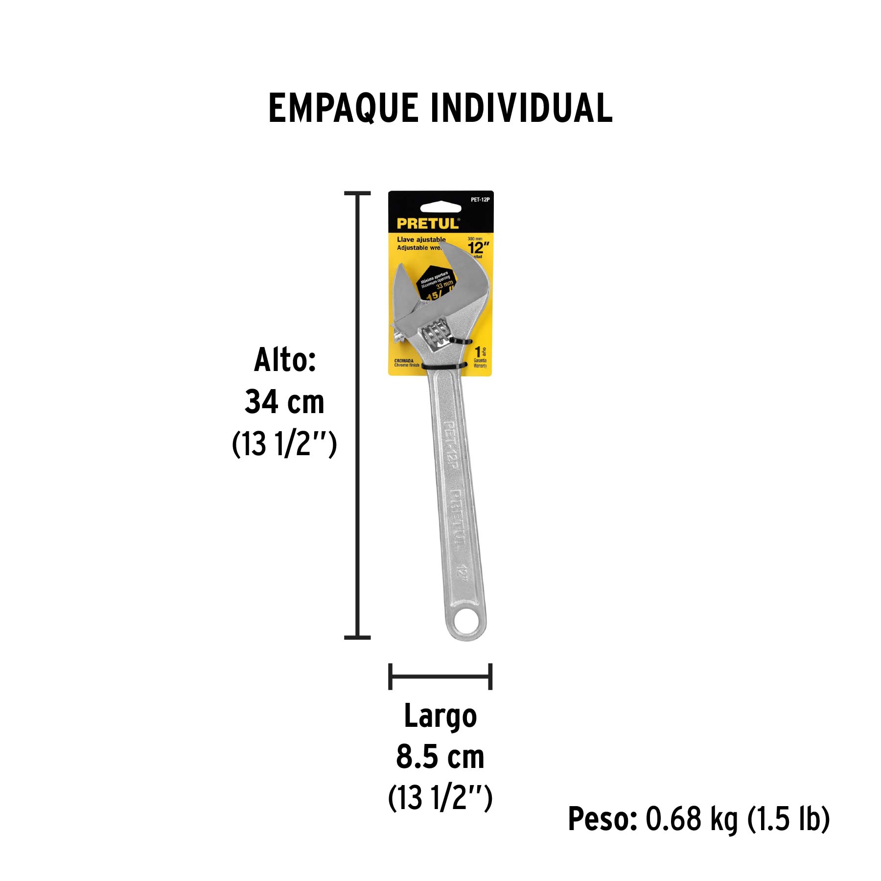 Llave ajustable (perico) 12" cromada, PRETUL - Empaque