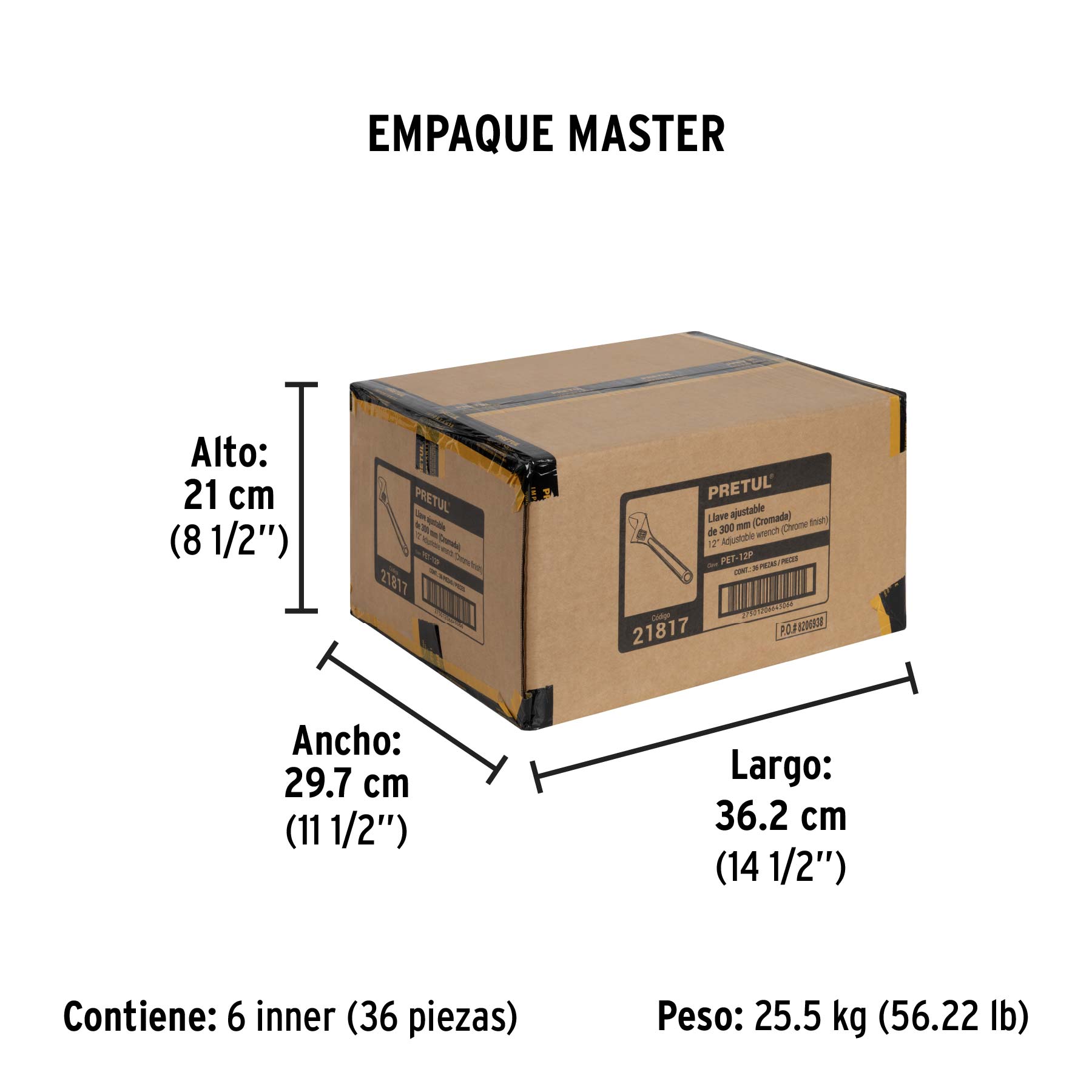 Llave ajustable (perico) 12" cromada, PRETUL - Empaque