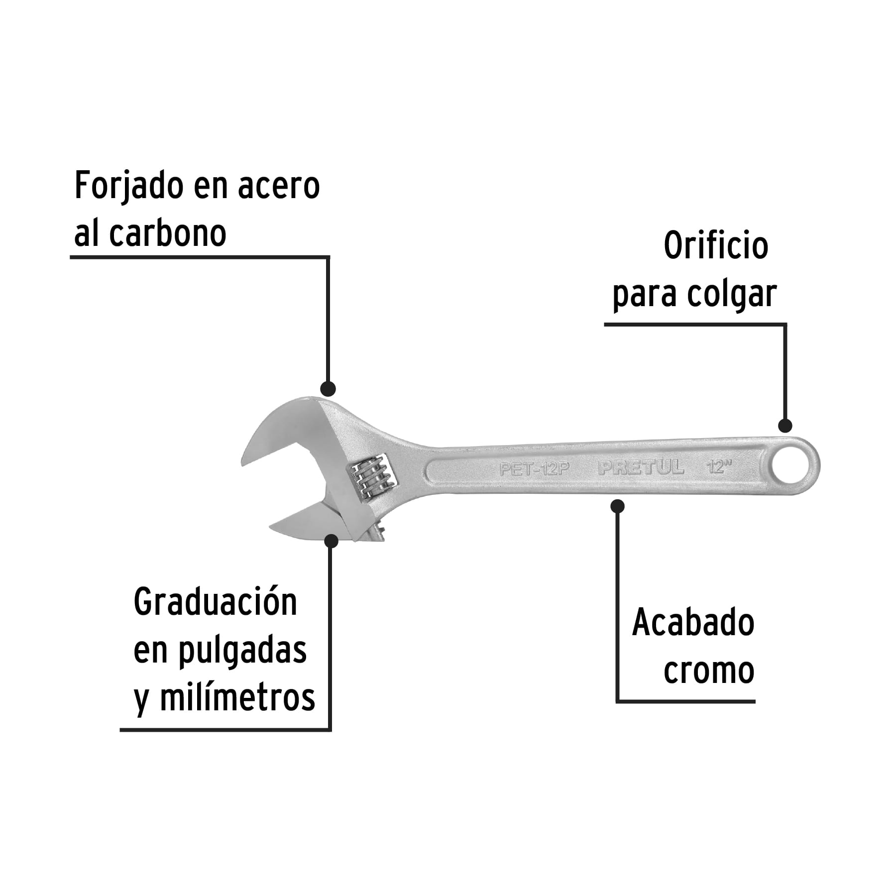 Llave ajustable (perico) 12" cromada, PRETUL