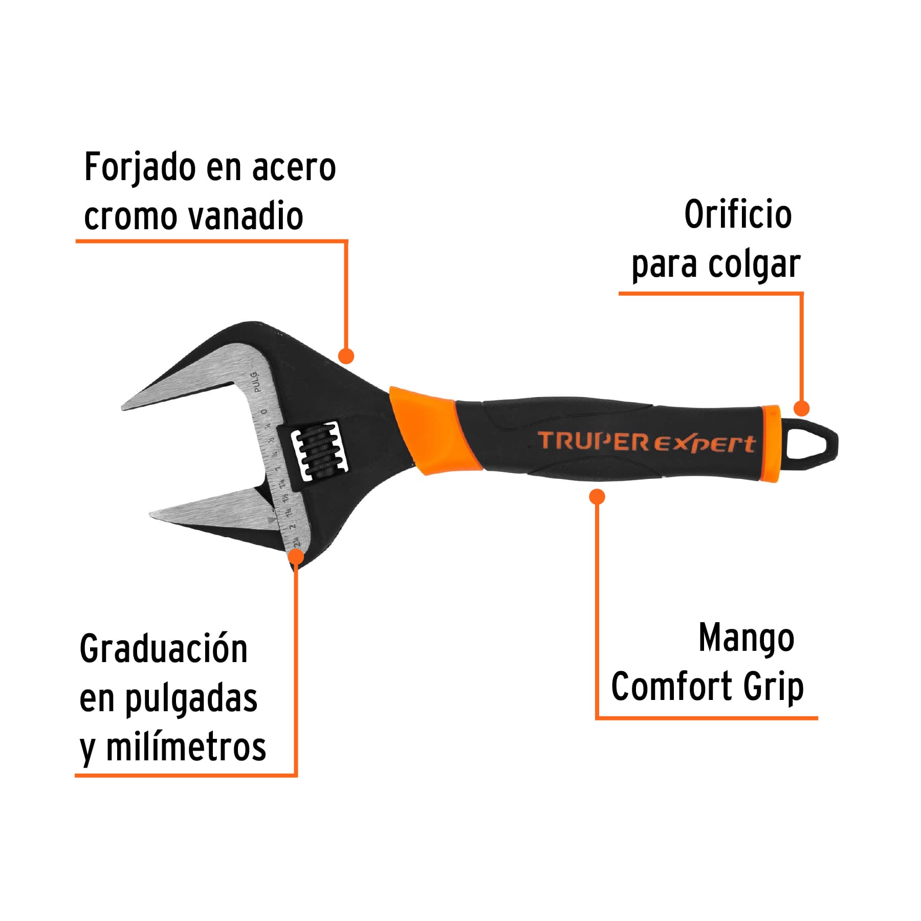 Llave ajustable (perico) 12" boca ancha Comfort Grip, EXPERT